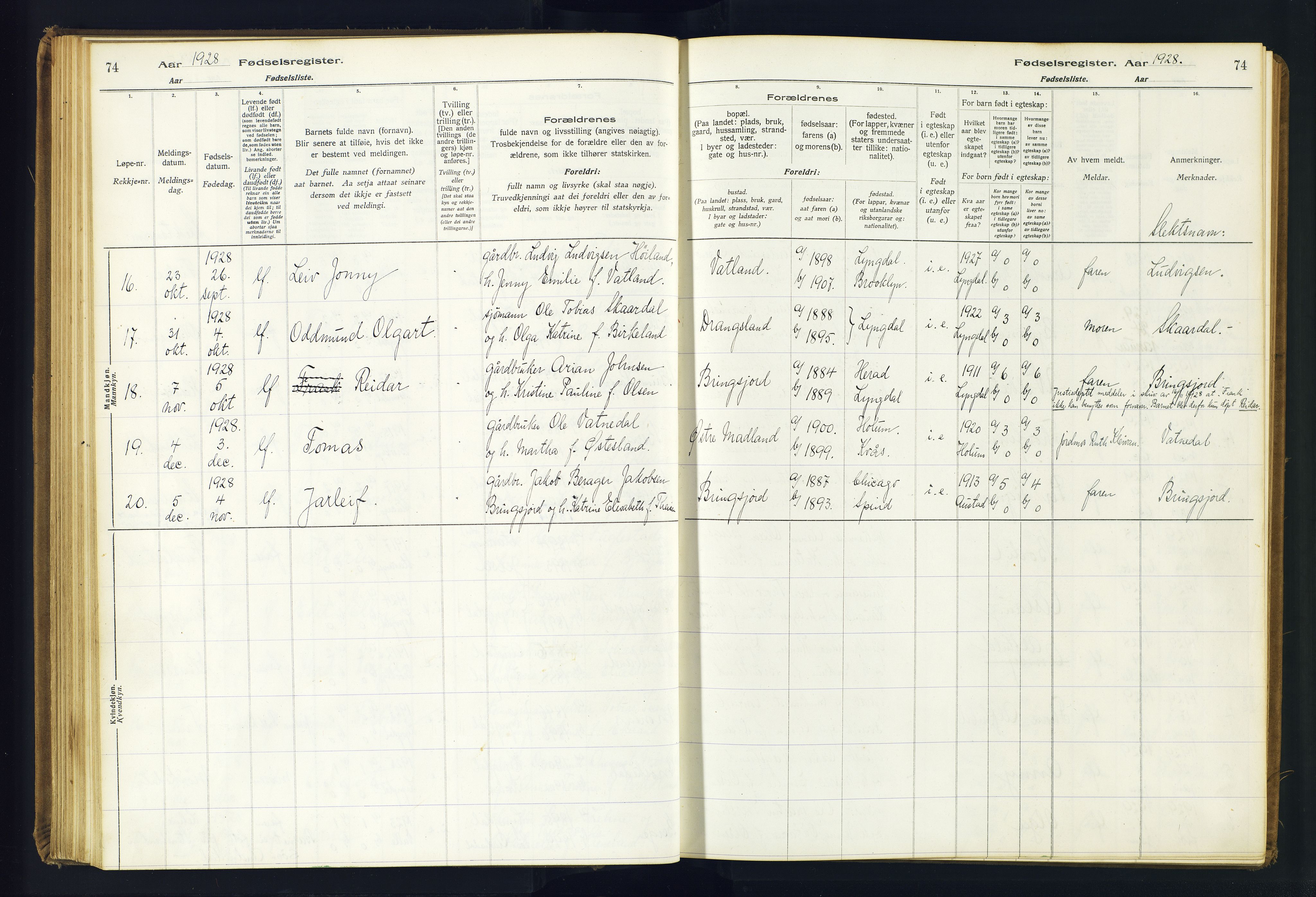 Lyngdal sokneprestkontor, AV/SAK-1111-0029/J/Ja/L0001: Fødselsregister nr. A-VI-26, 1916-1951, s. 74