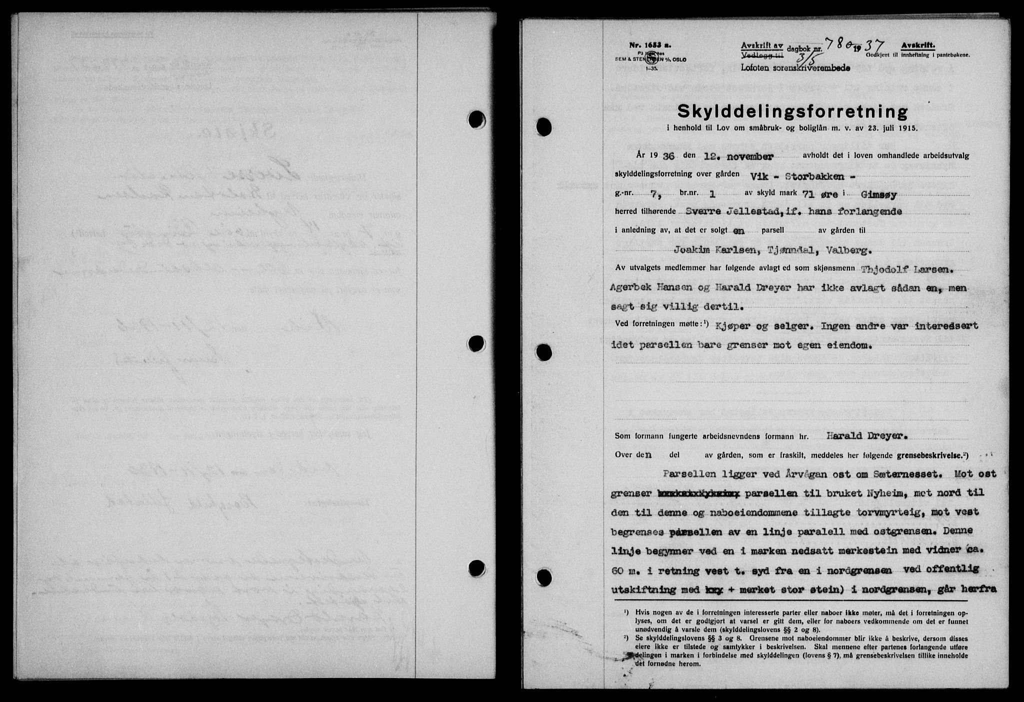 Lofoten sorenskriveri, SAT/A-0017/1/2/2C/L0002a: Pantebok nr. 2a, 1937-1937, Dagboknr: 780/1937