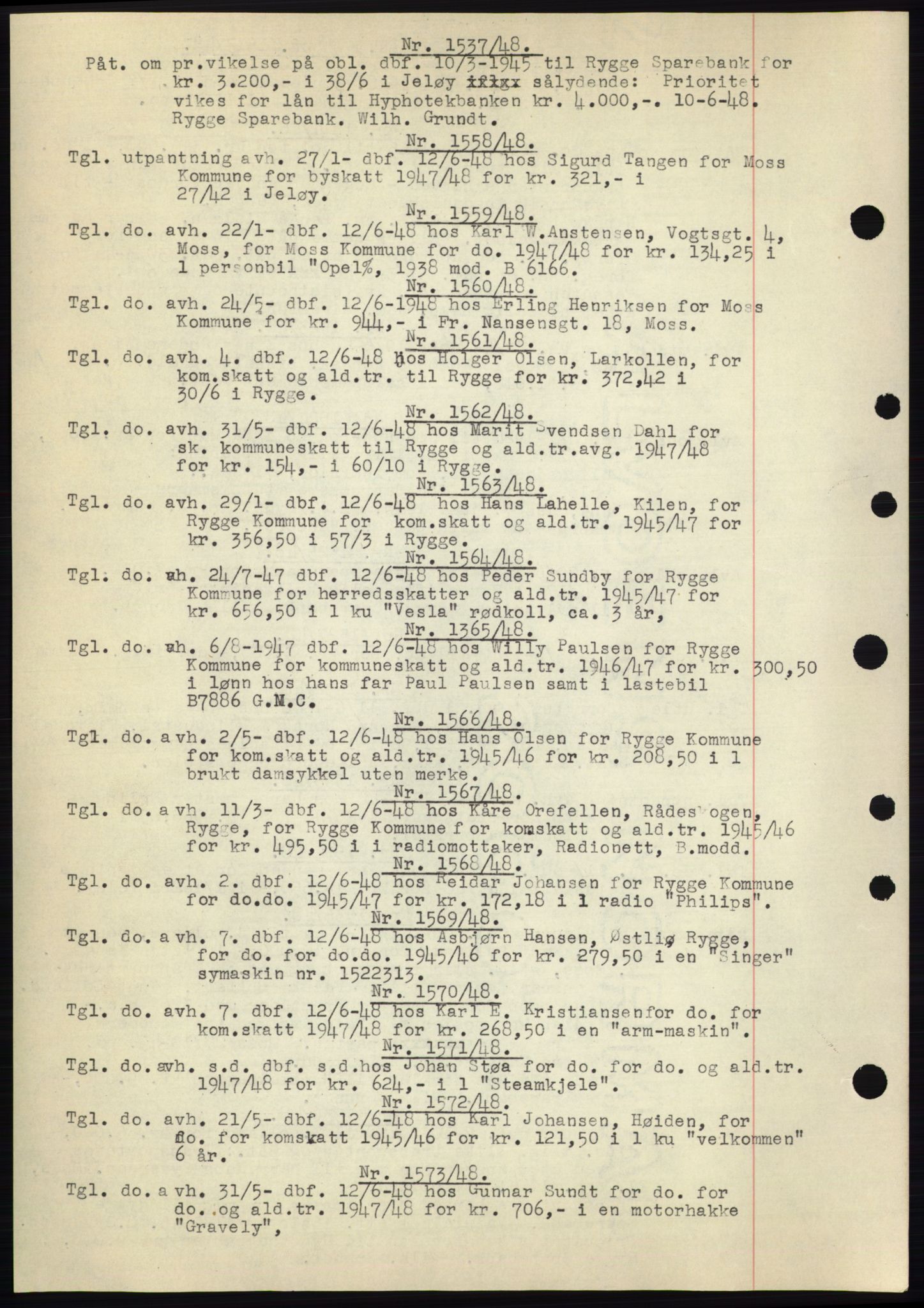 Moss sorenskriveri, SAO/A-10168: Pantebok nr. C10, 1938-1950, Dagboknr: 1537/1948