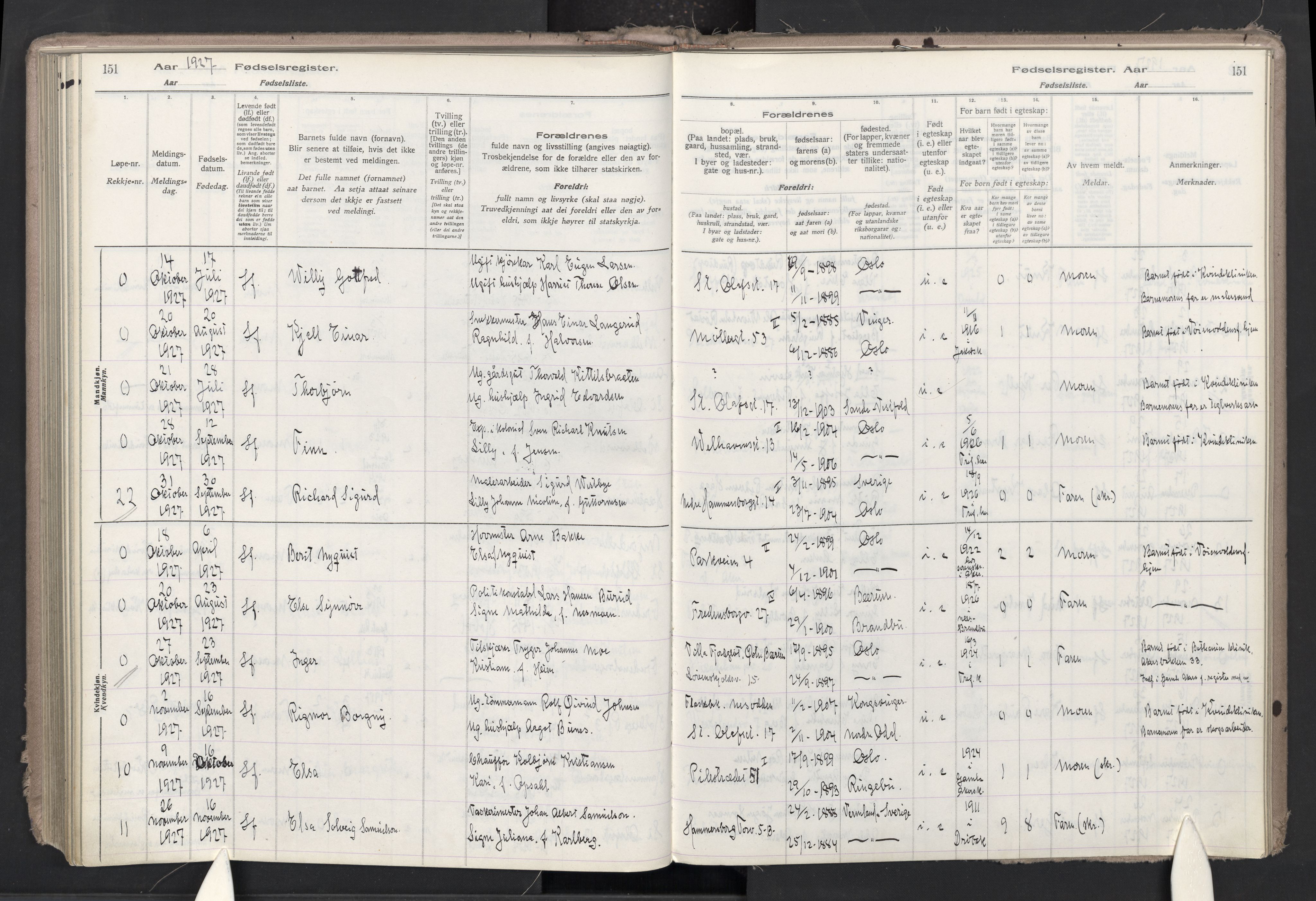 Trefoldighet prestekontor Kirkebøker, AV/SAO-A-10882/J/Ja/L0001: Fødselsregister nr. 1, 1916-1931, s. 151