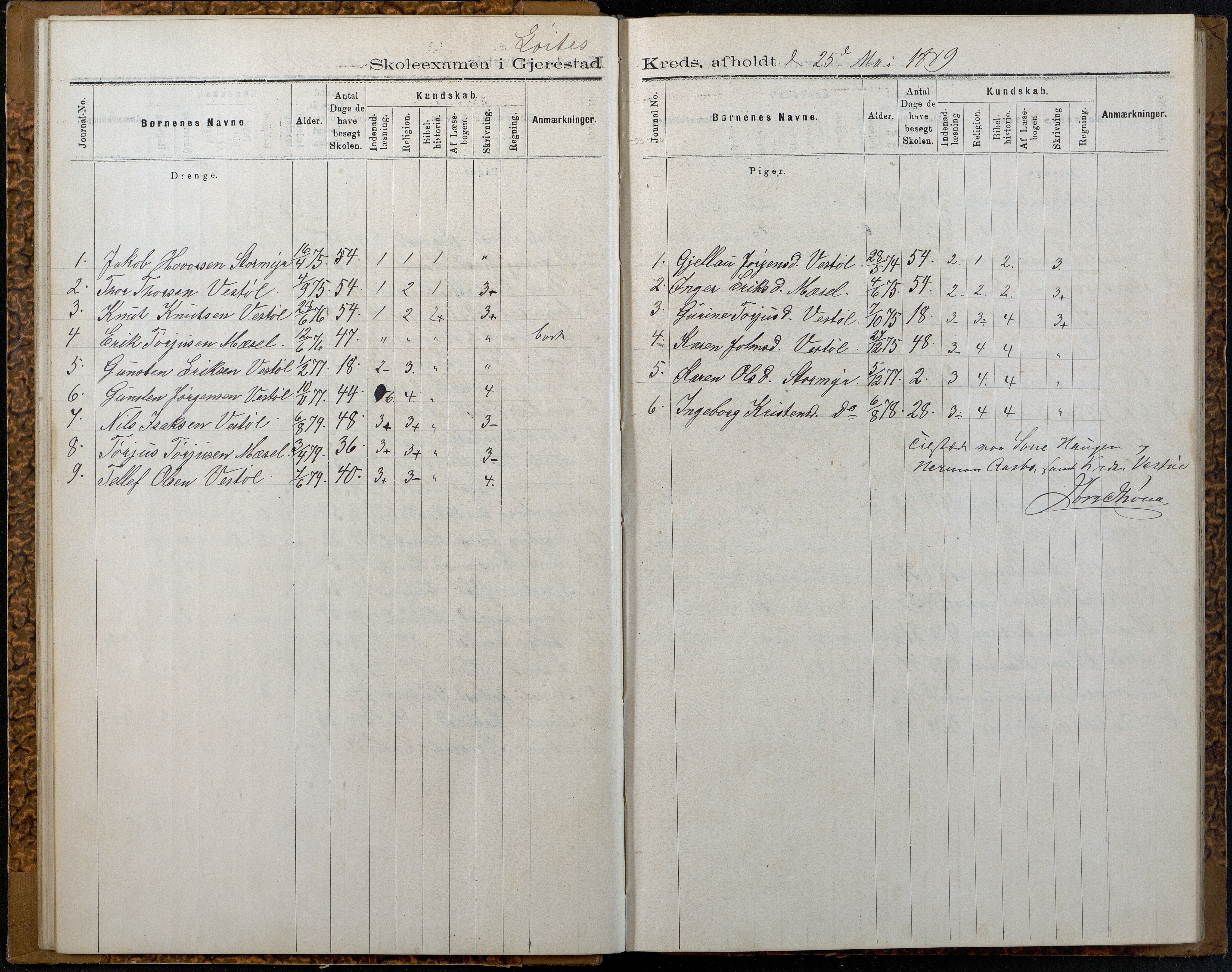 Gjerstad Kommune, Gjerstad Skole, AAKS/KA0911-550a/F02/L0007: Eksamensprotokoll Gjerstad hovedsogn, 1889-1892