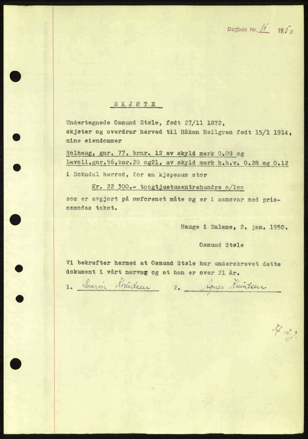 Dalane sorenskriveri, SAST/A-100309/02/G/Gb/L0054: Pantebok nr. A14, 1949-1950, Dagboknr: 15/1950