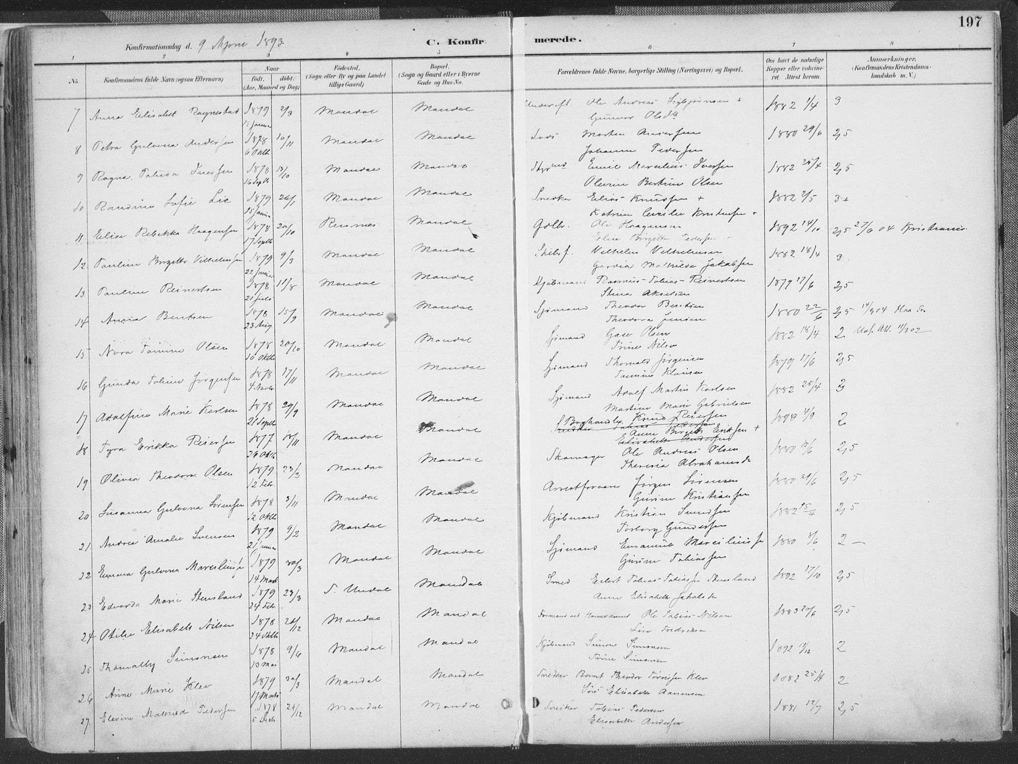 Mandal sokneprestkontor, AV/SAK-1111-0030/F/Fa/Faa/L0018: Ministerialbok nr. A 18, 1890-1905, s. 197