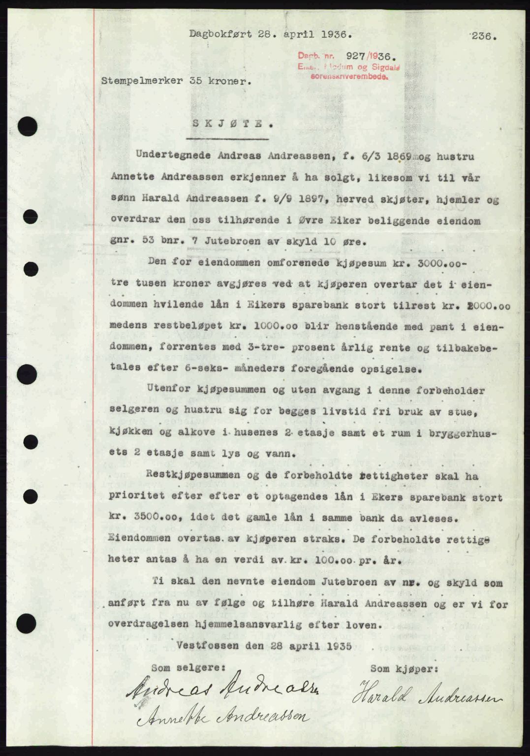 Eiker, Modum og Sigdal sorenskriveri, SAKO/A-123/G/Ga/Gab/L0032: Pantebok nr. A2, 1936-1936, Dagboknr: 927/1936