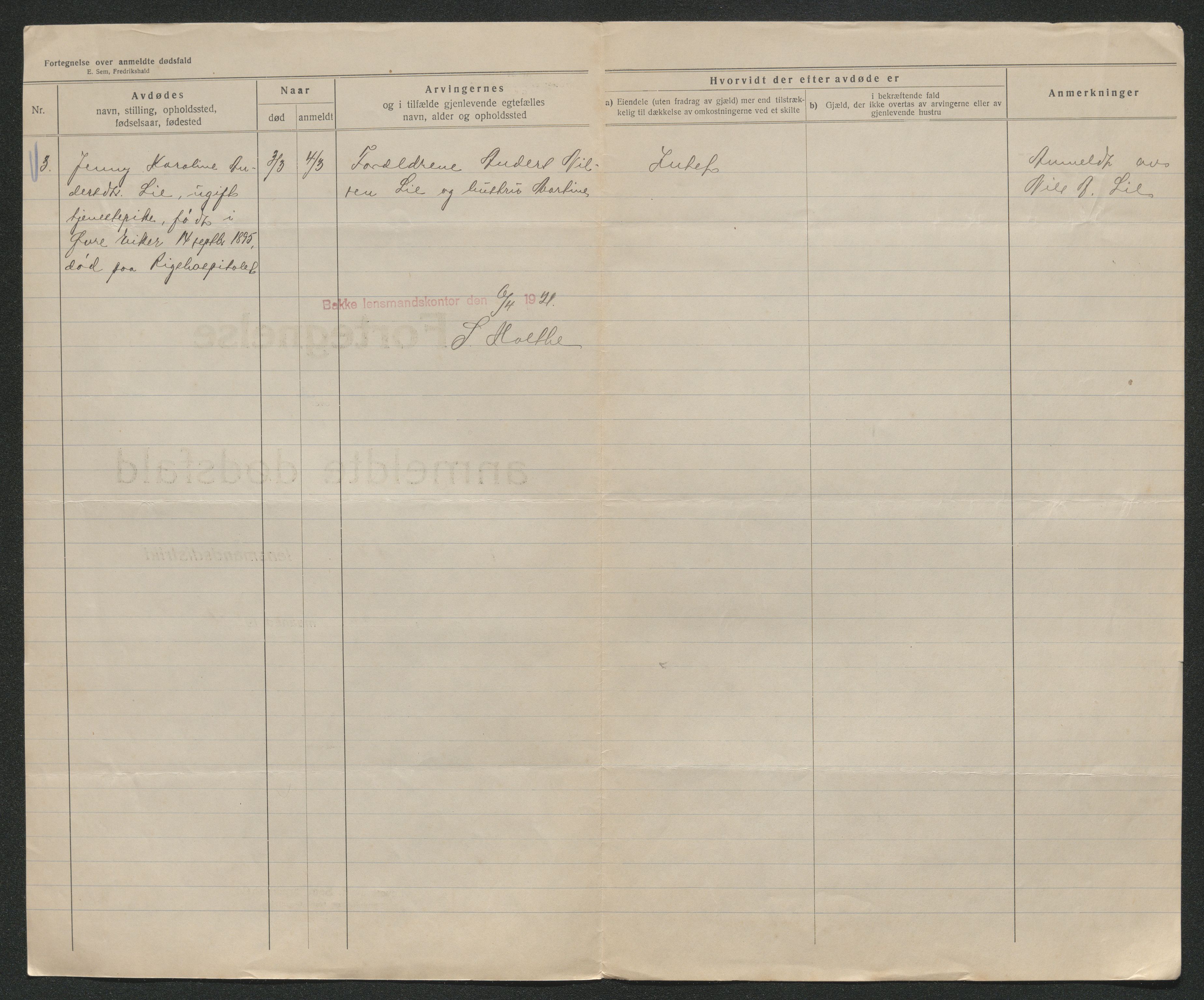 Eiker, Modum og Sigdal sorenskriveri, AV/SAKO-A-123/H/Ha/Hab/L0040: Dødsfallsmeldinger, 1920-1921, s. 867