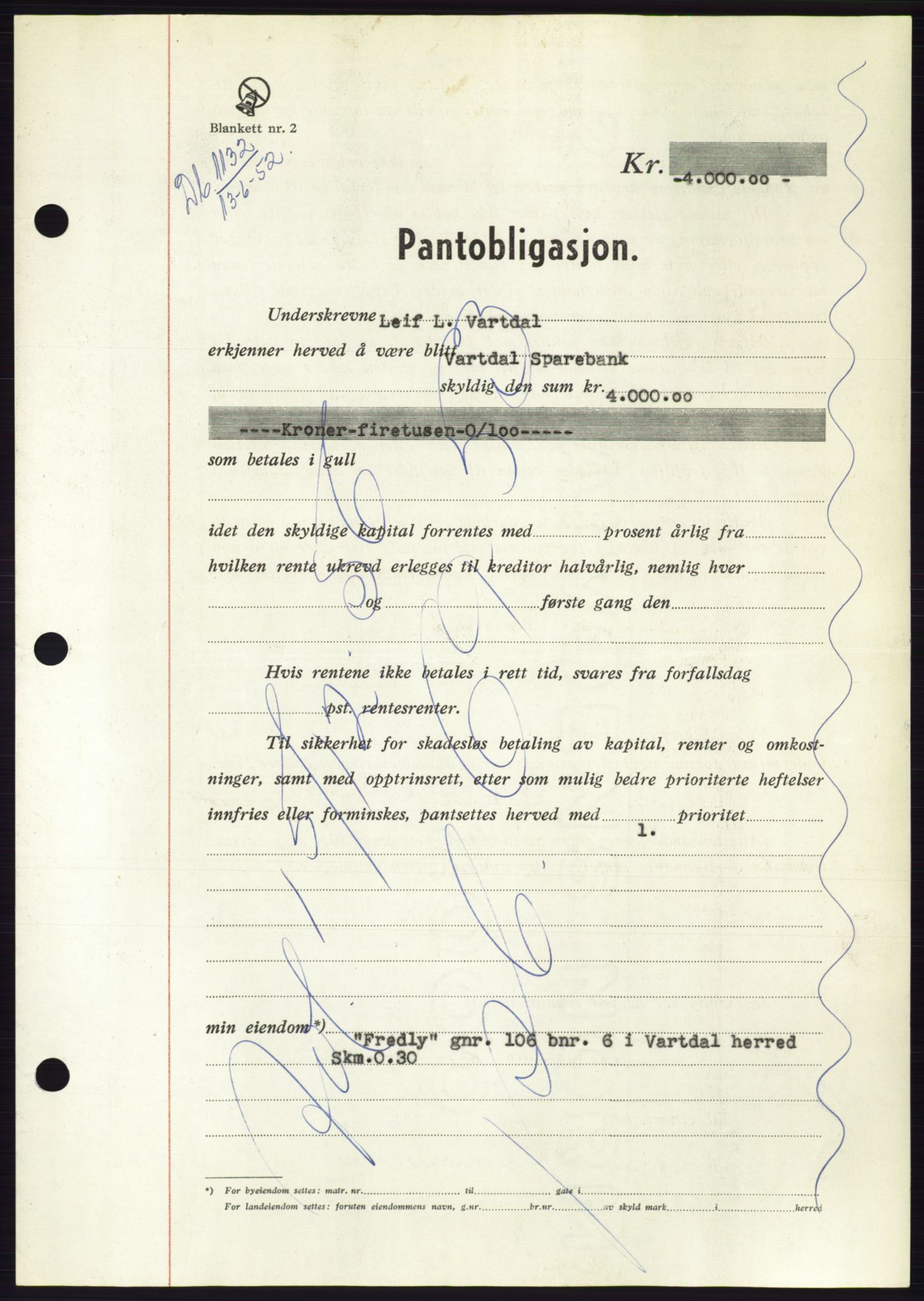Søre Sunnmøre sorenskriveri, AV/SAT-A-4122/1/2/2C/L0121: Pantebok nr. 9B, 1951-1952, Dagboknr: 1132/1952