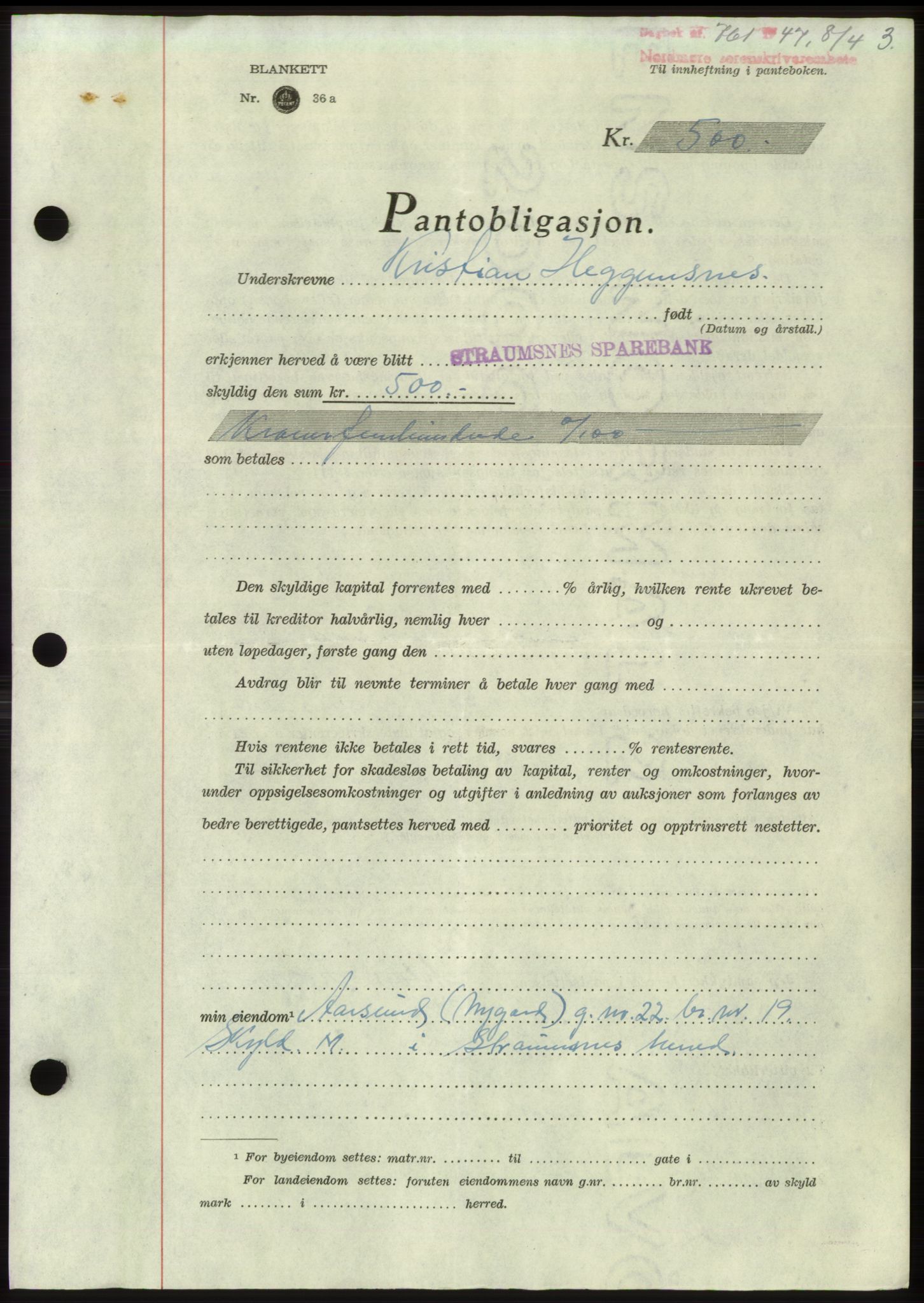 Nordmøre sorenskriveri, SAT/A-4132/1/2/2Ca: Pantebok nr. B96, 1947-1947, Dagboknr: 761/1947