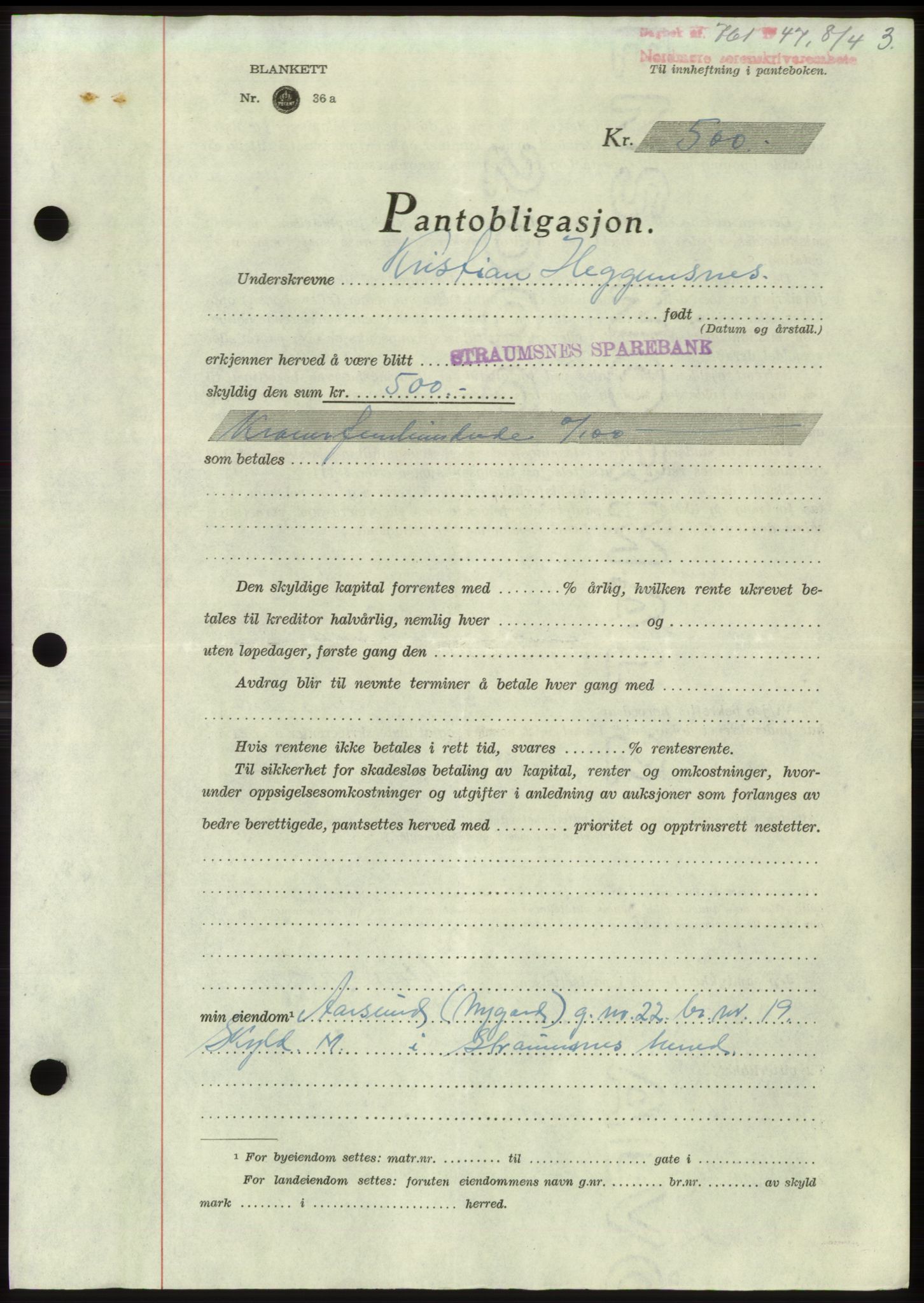 Nordmøre sorenskriveri, AV/SAT-A-4132/1/2/2Ca: Pantebok nr. B96, 1947-1947, Dagboknr: 761/1947