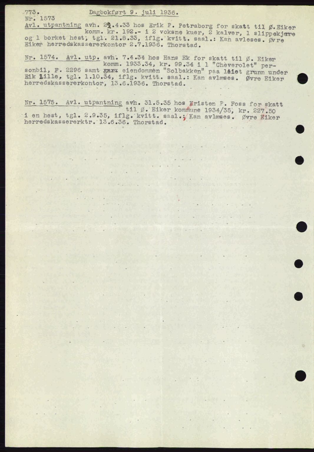 Eiker, Modum og Sigdal sorenskriveri, SAKO/A-123/G/Ga/Gab/L0032: Pantebok nr. A2, 1936-1936, Dagboknr: 1573/1936