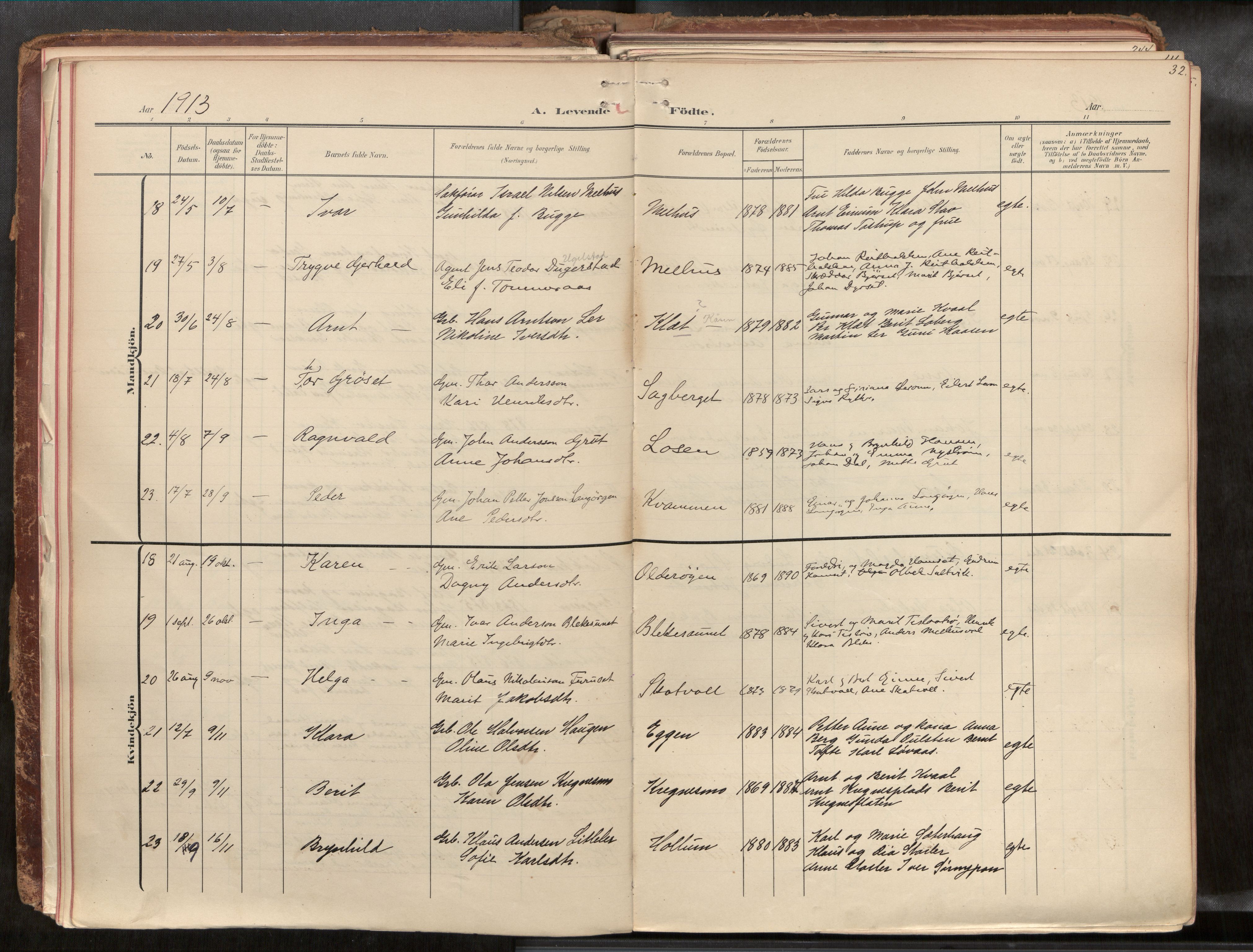 Ministerialprotokoller, klokkerbøker og fødselsregistre - Sør-Trøndelag, SAT/A-1456/691/L1085b: Ministerialbok nr. 691A18, 1908-1930, s. 32