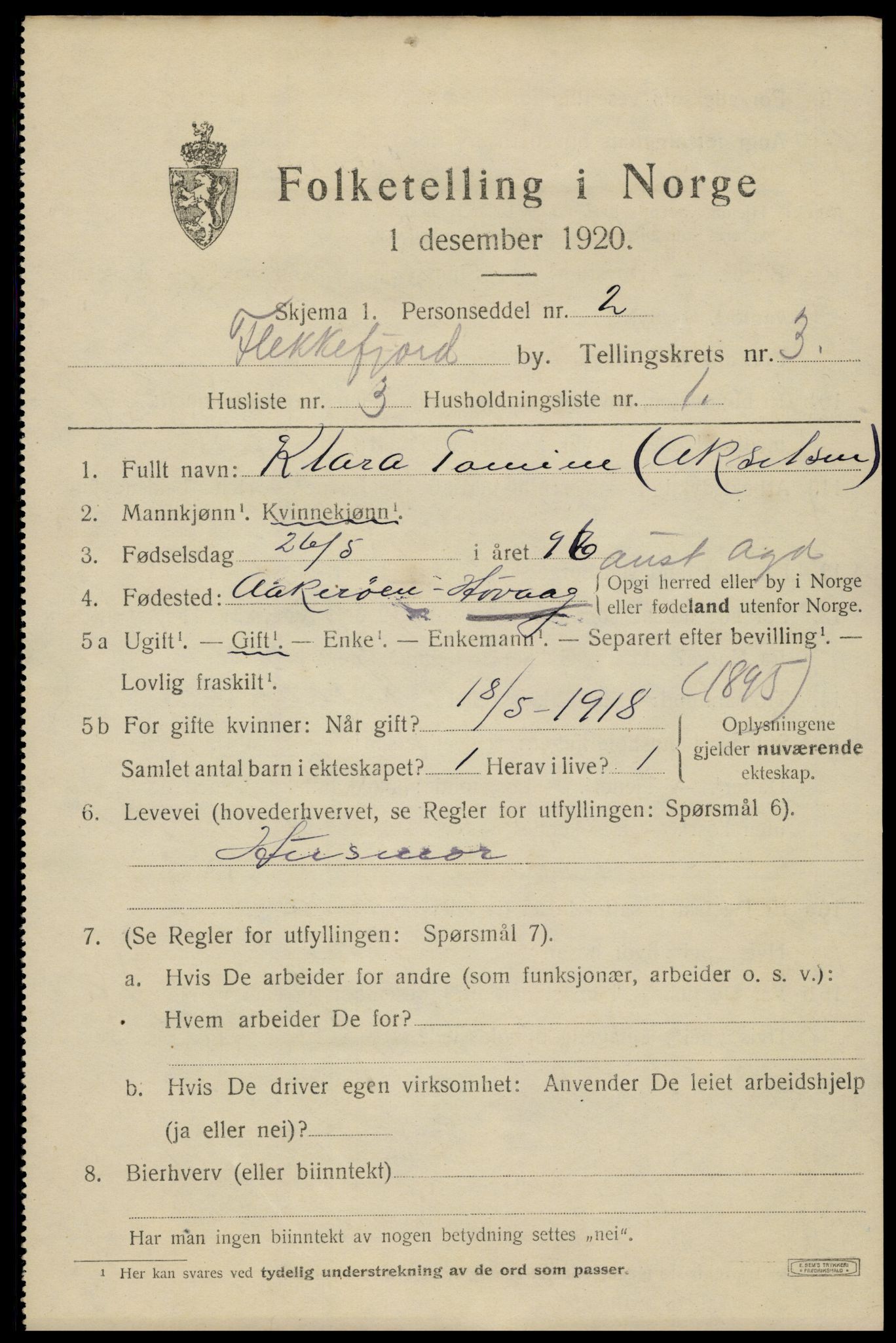 SAK, Folketelling 1920 for 1004 Flekkefjord kjøpstad, 1920, s. 3434