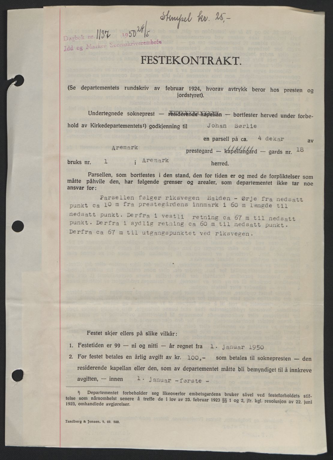 Idd og Marker sorenskriveri, AV/SAO-A-10283/G/Gb/Gbb/L0014: Pantebok nr. A14, 1950-1950, Dagboknr: 1137/1950