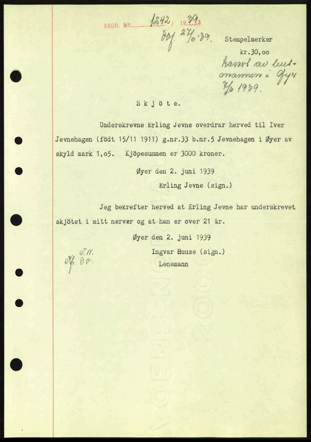 Sør-Gudbrandsdal tingrett, SAH/TING-004/H/Hb/Hbd/L0006: Pantebok nr. A6, 1939-1939, Dagboknr: 1242/1939