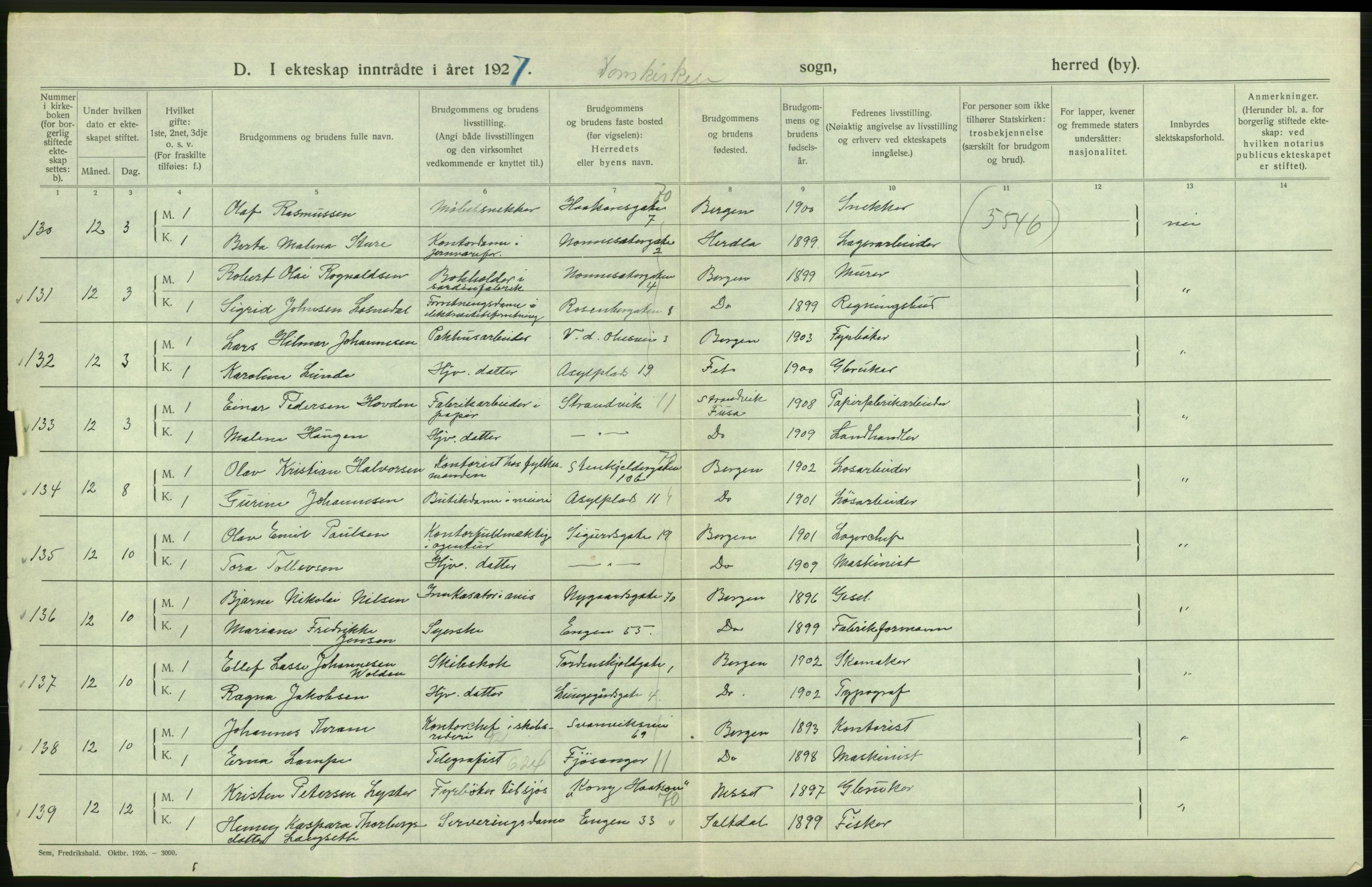 Statistisk sentralbyrå, Sosiodemografiske emner, Befolkning, AV/RA-S-2228/D/Df/Dfc/Dfcg/L0028: Bergen: Gifte, døde., 1927, s. 36