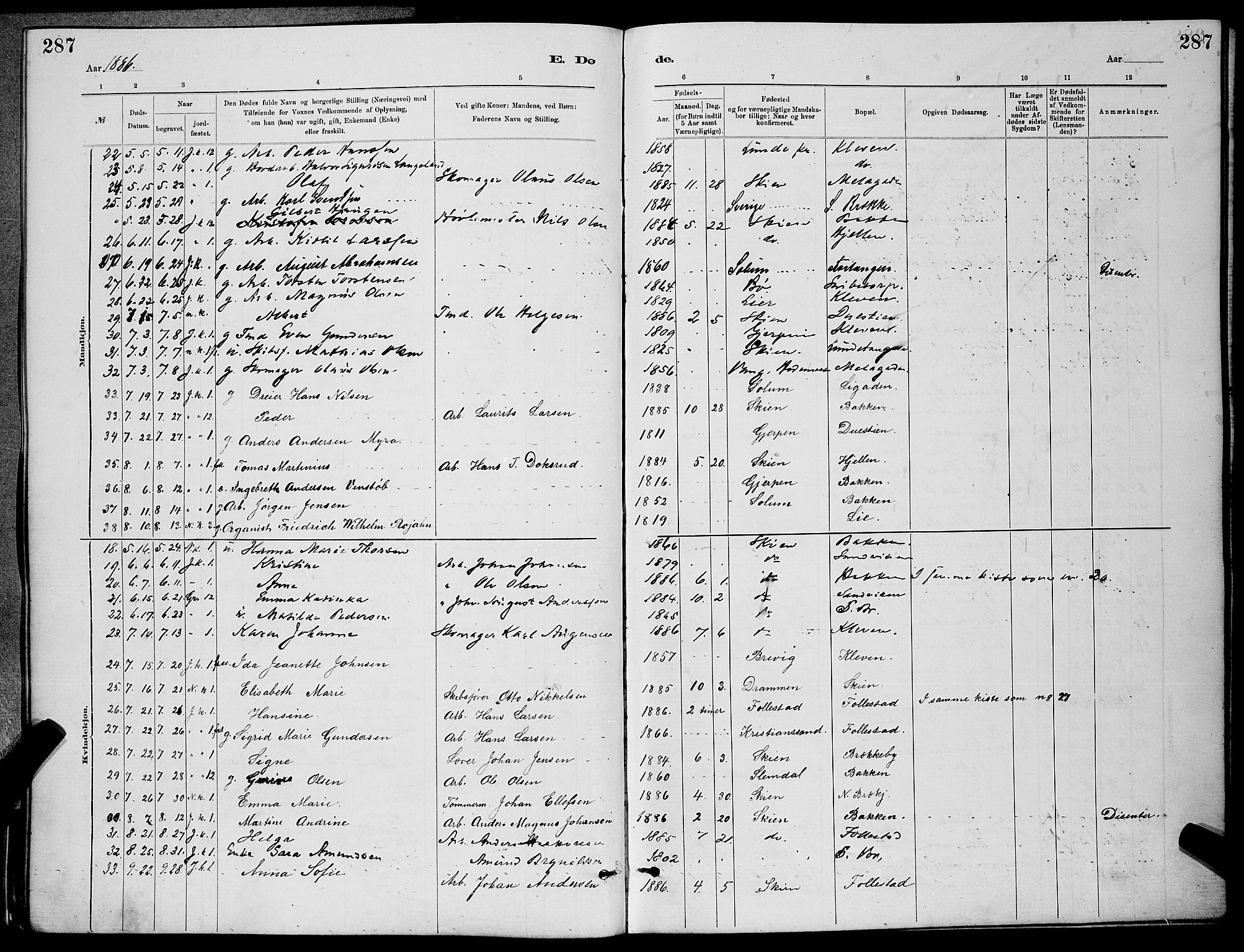 Skien kirkebøker, AV/SAKO-A-302/G/Ga/L0006: Klokkerbok nr. 6, 1881-1890, s. 287