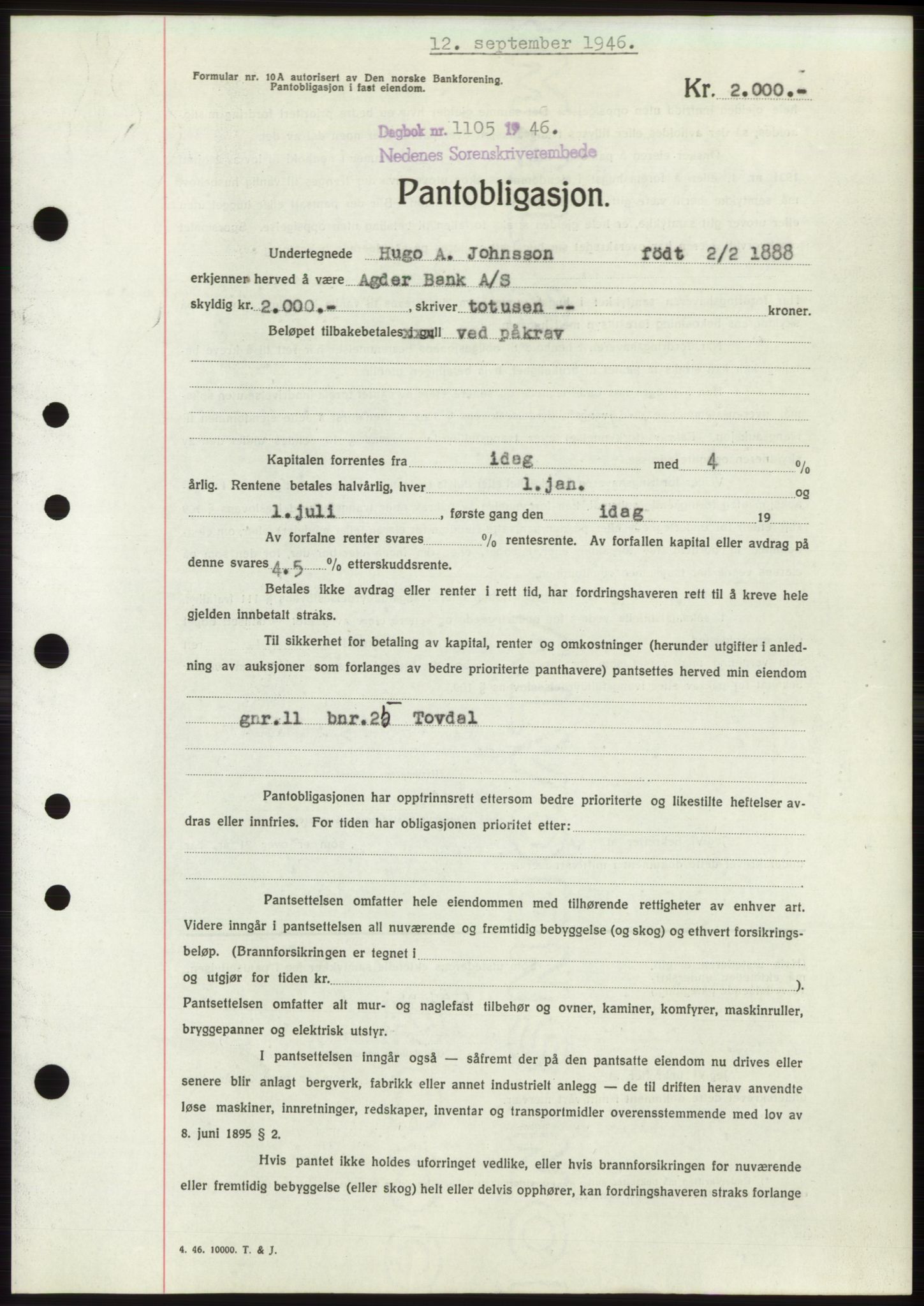 Nedenes sorenskriveri, SAK/1221-0006/G/Gb/Gbb/L0003: Pantebok nr. B3b, 1946-1946, Dagboknr: 1105/1946