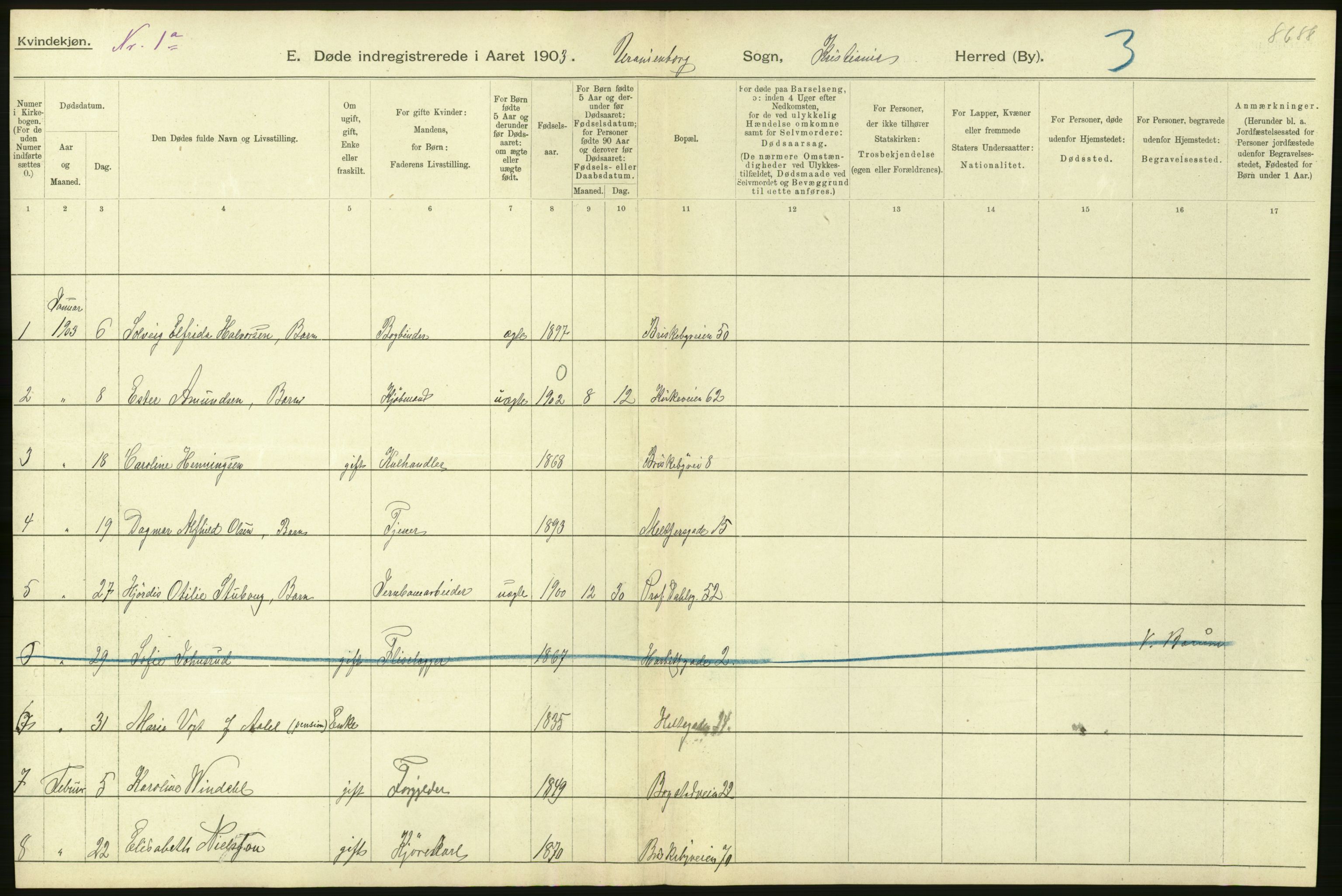Statistisk sentralbyrå, Sosiodemografiske emner, Befolkning, AV/RA-S-2228/D/Df/Dfa/Dfaa/L0004: Kristiania: Gifte, døde, 1903, s. 194