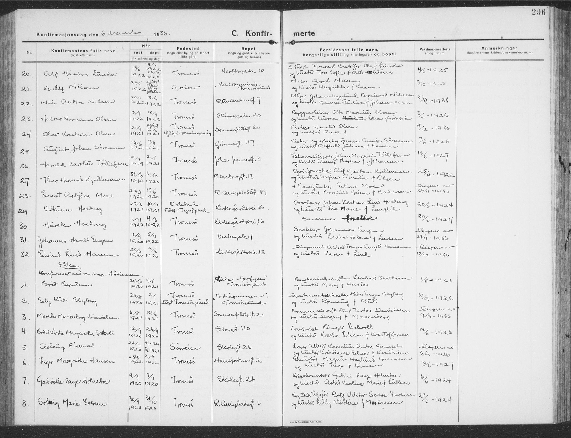 Tromsø sokneprestkontor/stiftsprosti/domprosti, AV/SATØ-S-1343/G/Gb/L0010klokker: Klokkerbok nr. 10, 1925-1937, s. 296