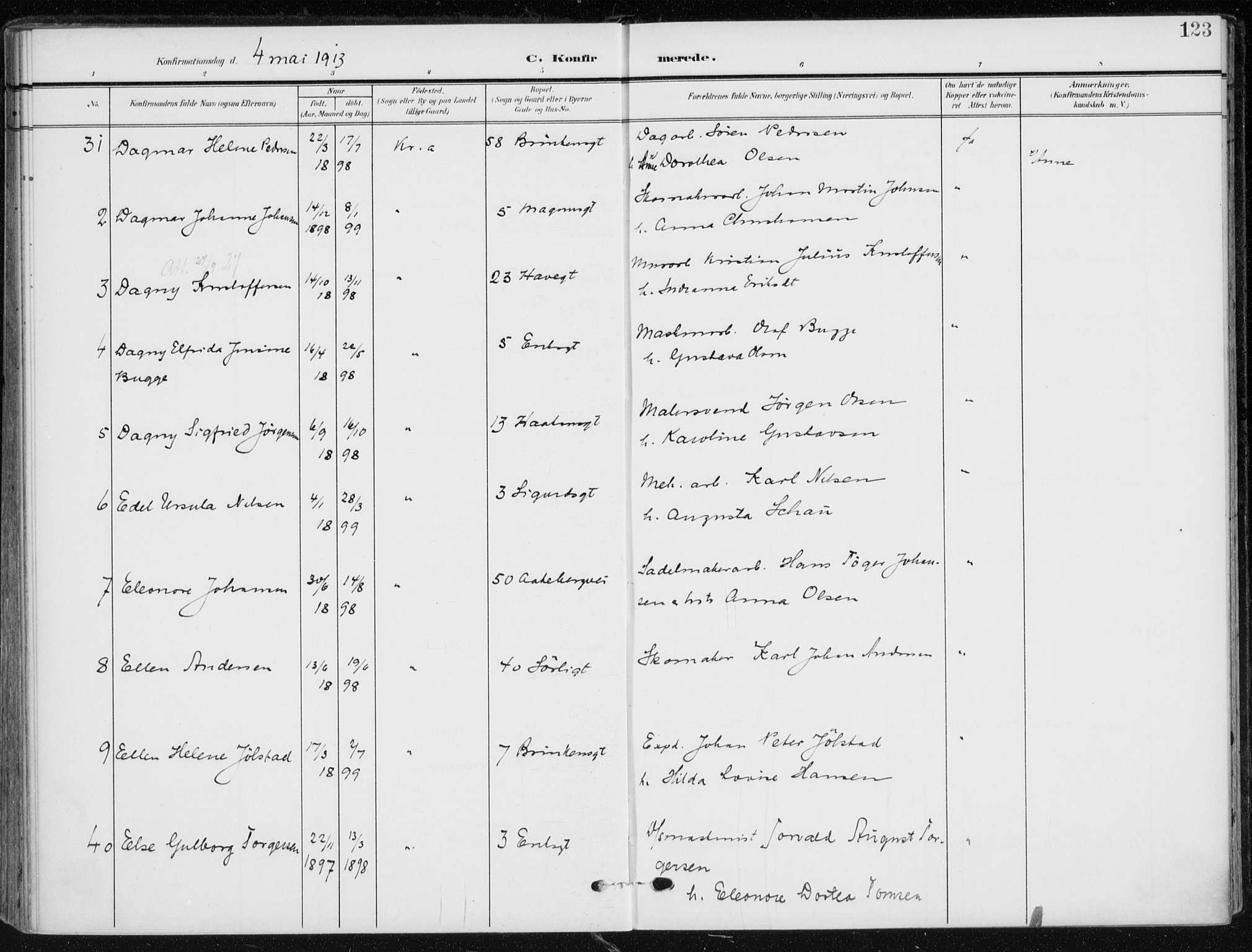 Kampen prestekontor Kirkebøker, AV/SAO-A-10853/F/Fa/L0011: Ministerialbok nr. I 11, 1907-1917, s. 123