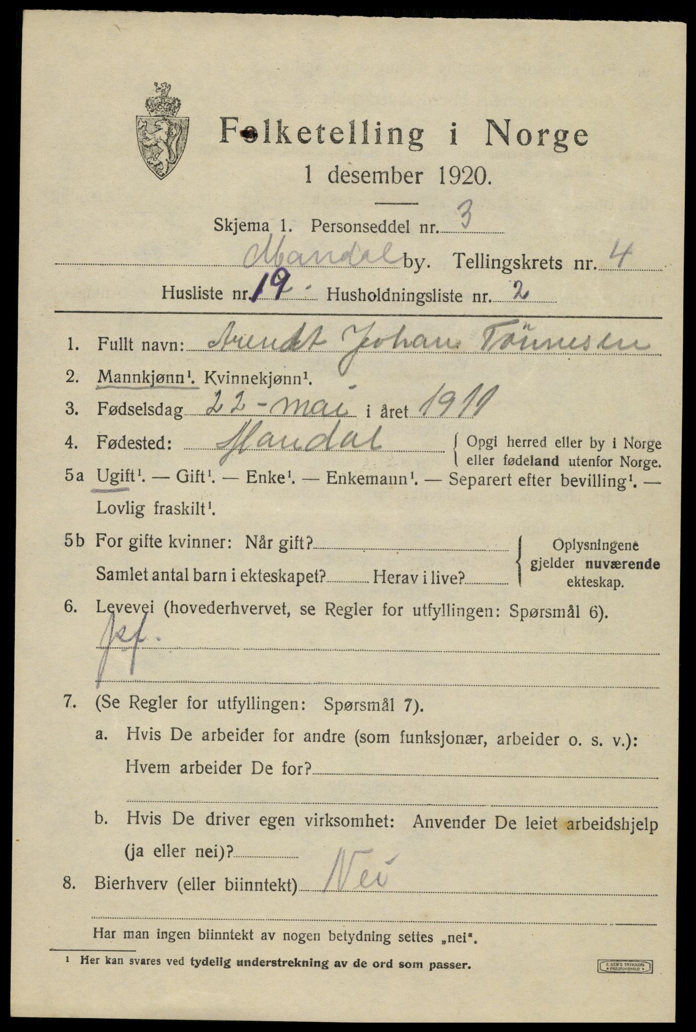 SAK, Folketelling 1920 for 1002 Mandal ladested, 1920, s. 7217