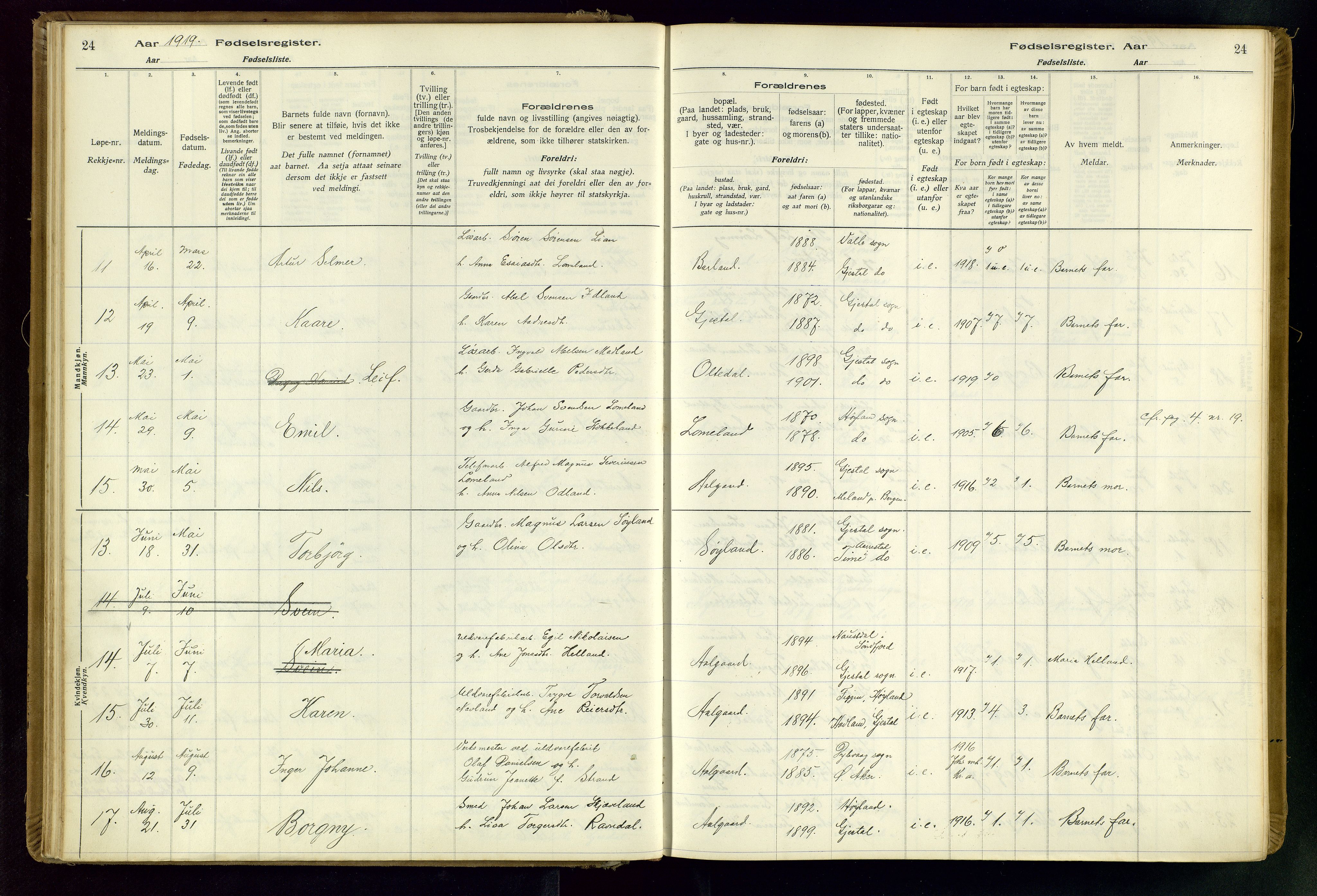 Gjesdal sokneprestkontor, SAST/A-101796/002/O/L0001: Fødselsregister nr. 1, 1916-1949, s. 24