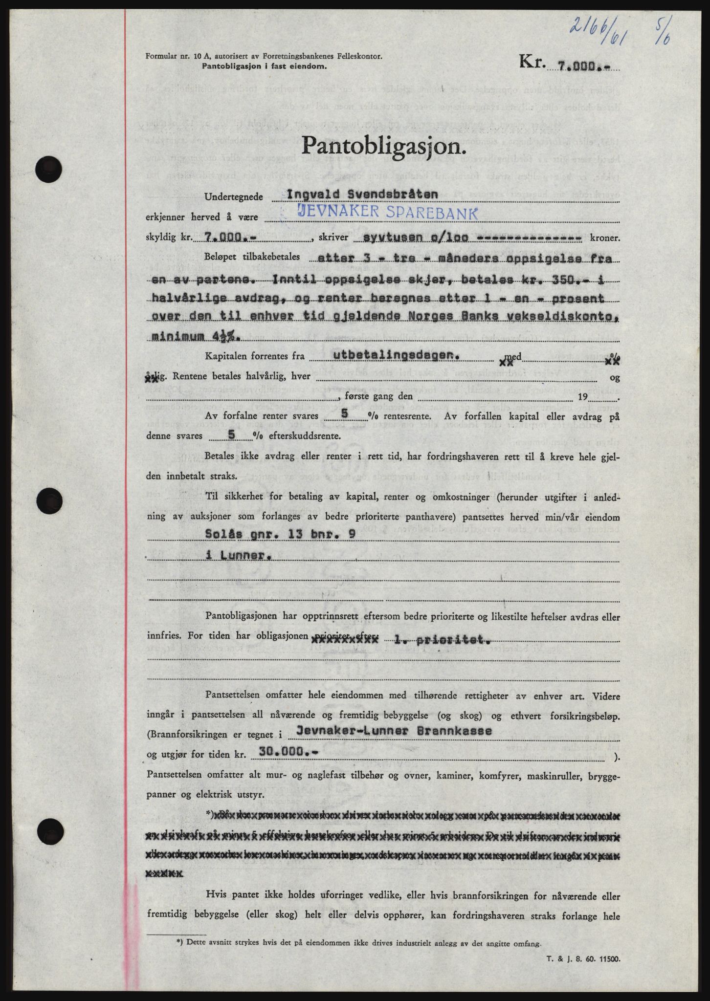 Hadeland og Land tingrett, SAH/TING-010/H/Hb/Hbc/L0046: Pantebok nr. B46, 1961-1961, Dagboknr: 2166/1961