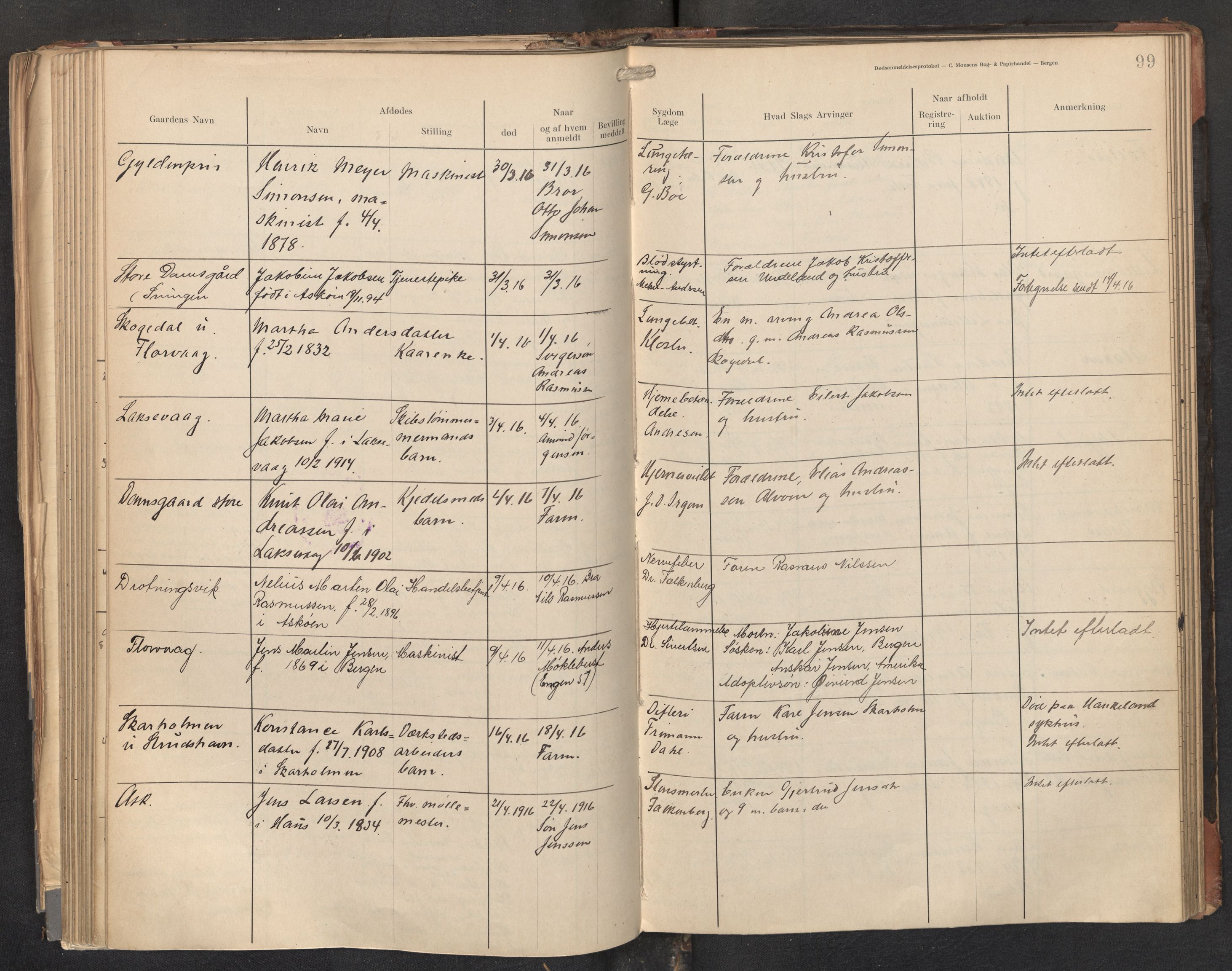 Lensmannen i Askøy, AV/SAB-A-31001/0006/L0001: Dødsfallprotokoll med register , 1907-1921, s. 99