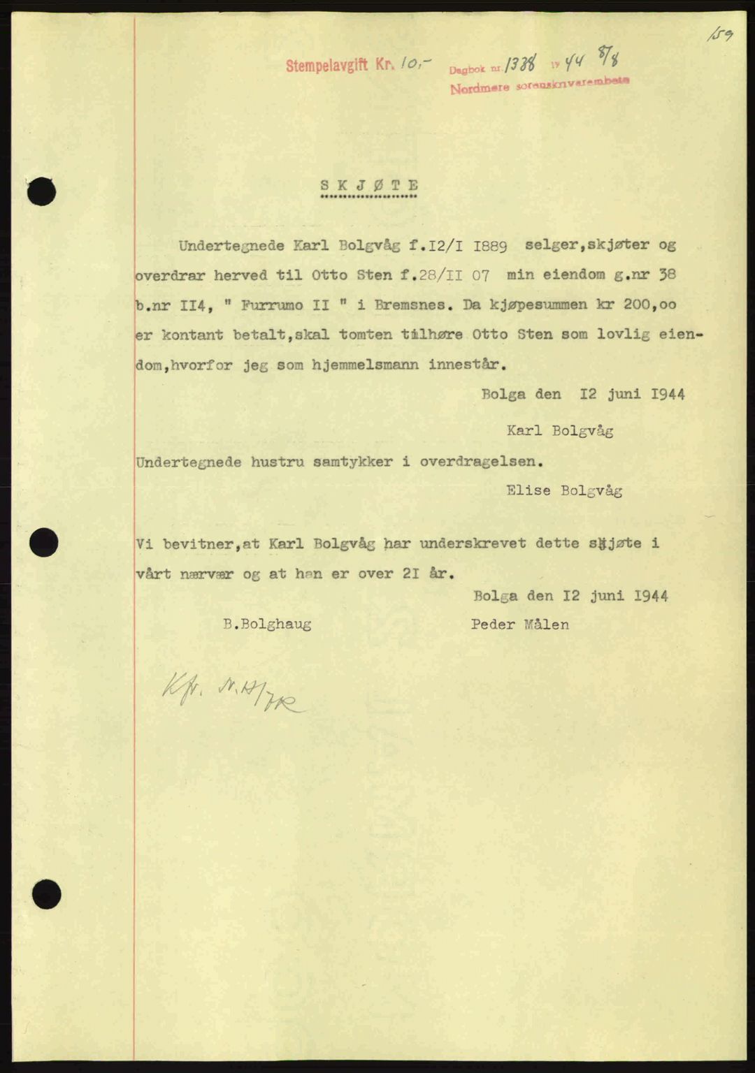 Nordmøre sorenskriveri, SAT/A-4132/1/2/2Ca: Pantebok nr. A98, 1944-1944, Dagboknr: 1338/1944