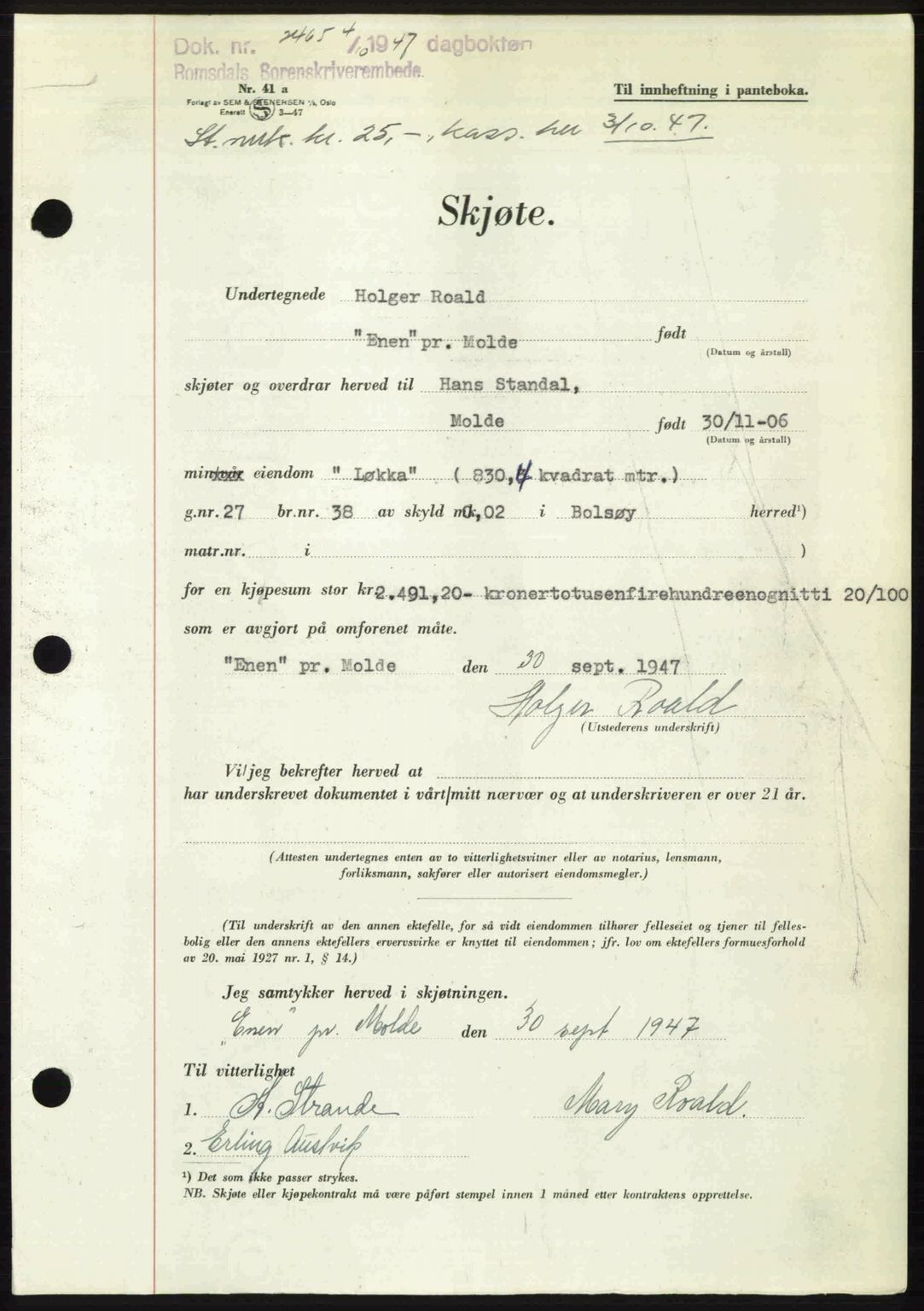 Romsdal sorenskriveri, SAT/A-4149/1/2/2C: Pantebok nr. A24, 1947-1947, Dagboknr: 2465/1947