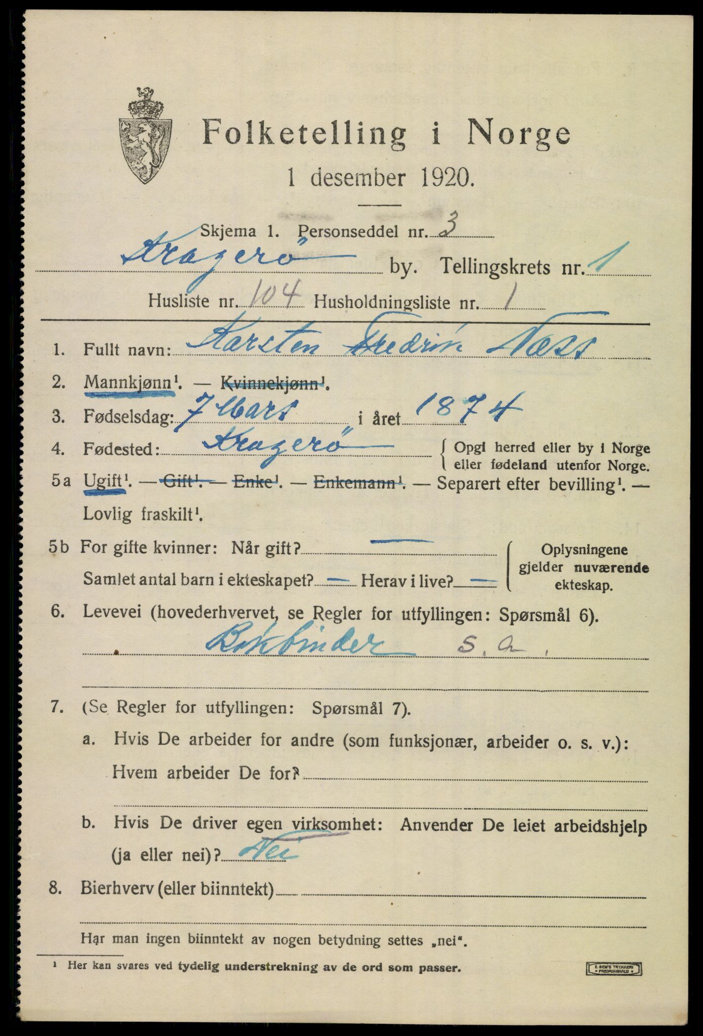 SAKO, Folketelling 1920 for 0801 Kragerø kjøpstad, 1920, s. 5299