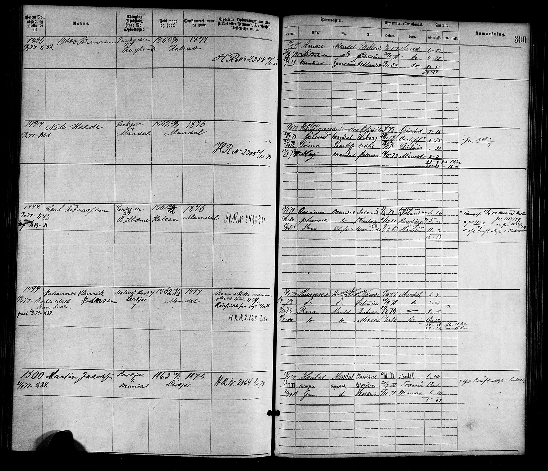 Mandal mønstringskrets, SAK/2031-0016/F/Fa/L0001: Annotasjonsrulle nr 1-1920 med register, L-3, 1869-1881, s. 337