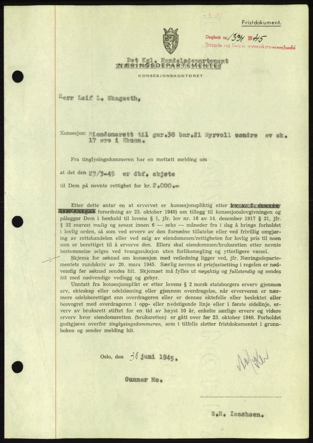 Strinda og Selbu sorenskriveri, SAT/A-0015/2/2C: Pantebok nr. A9, 1944-1945, Dagboknr: 1334/1945