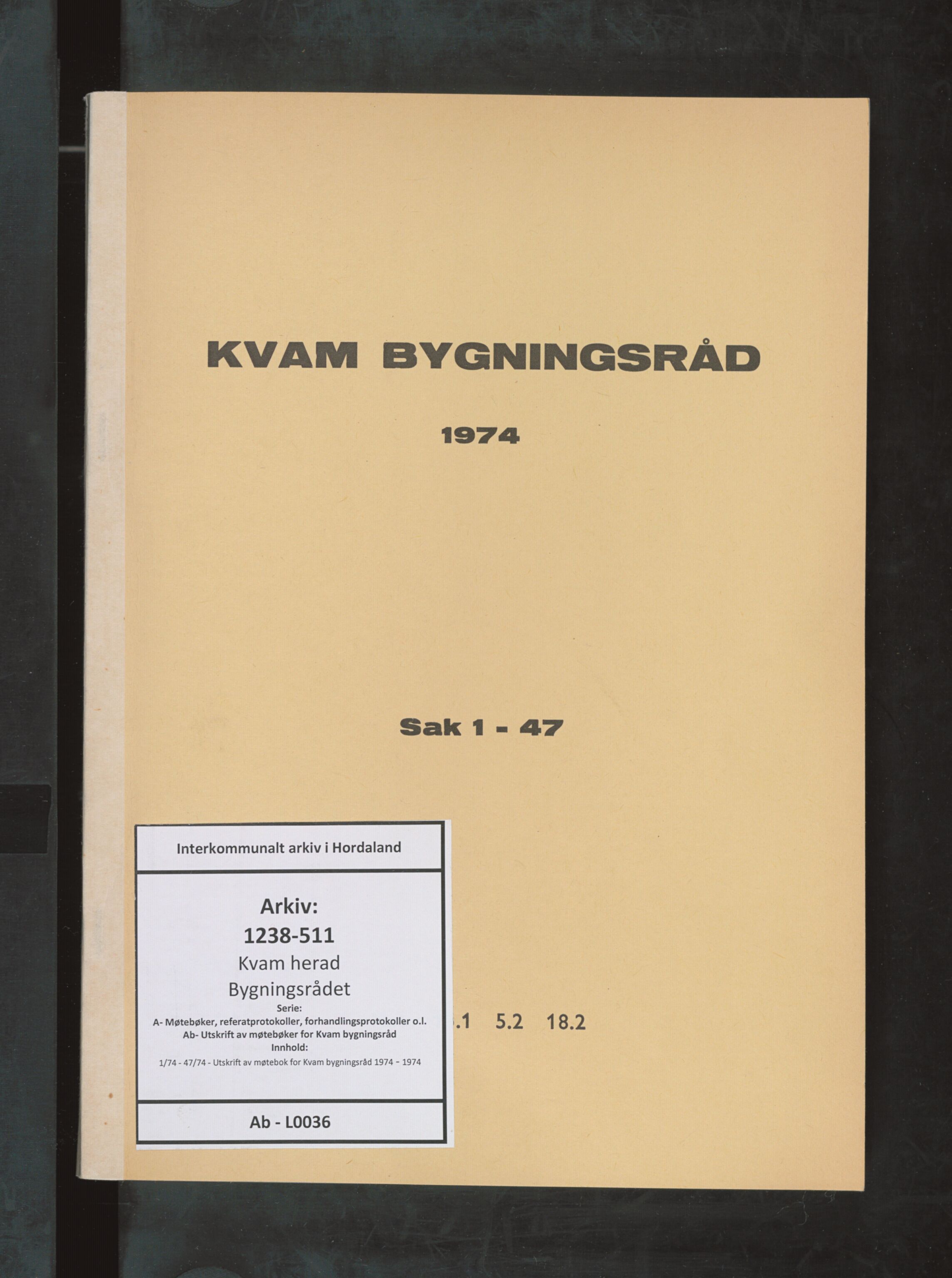 Kvam herad. Bygningsrådet, IKAH/1238-511/A/Ab/L0036: Utskrift av møtebok for Kvam bygningsråd, 1974