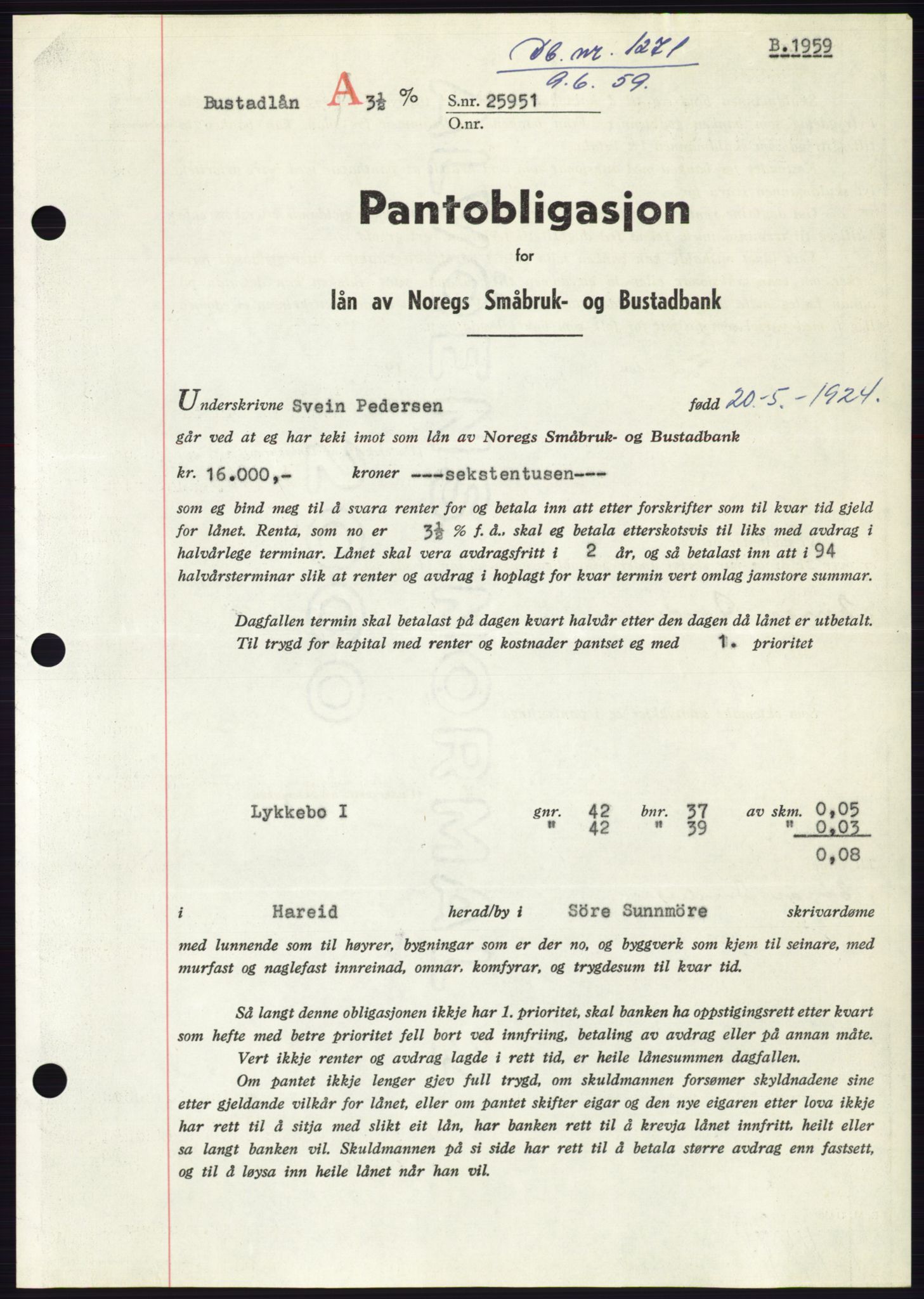 Søre Sunnmøre sorenskriveri, SAT/A-4122/1/2/2C/L0133: Pantebok nr. 21B, 1959-1959, Dagboknr: 1271/1959