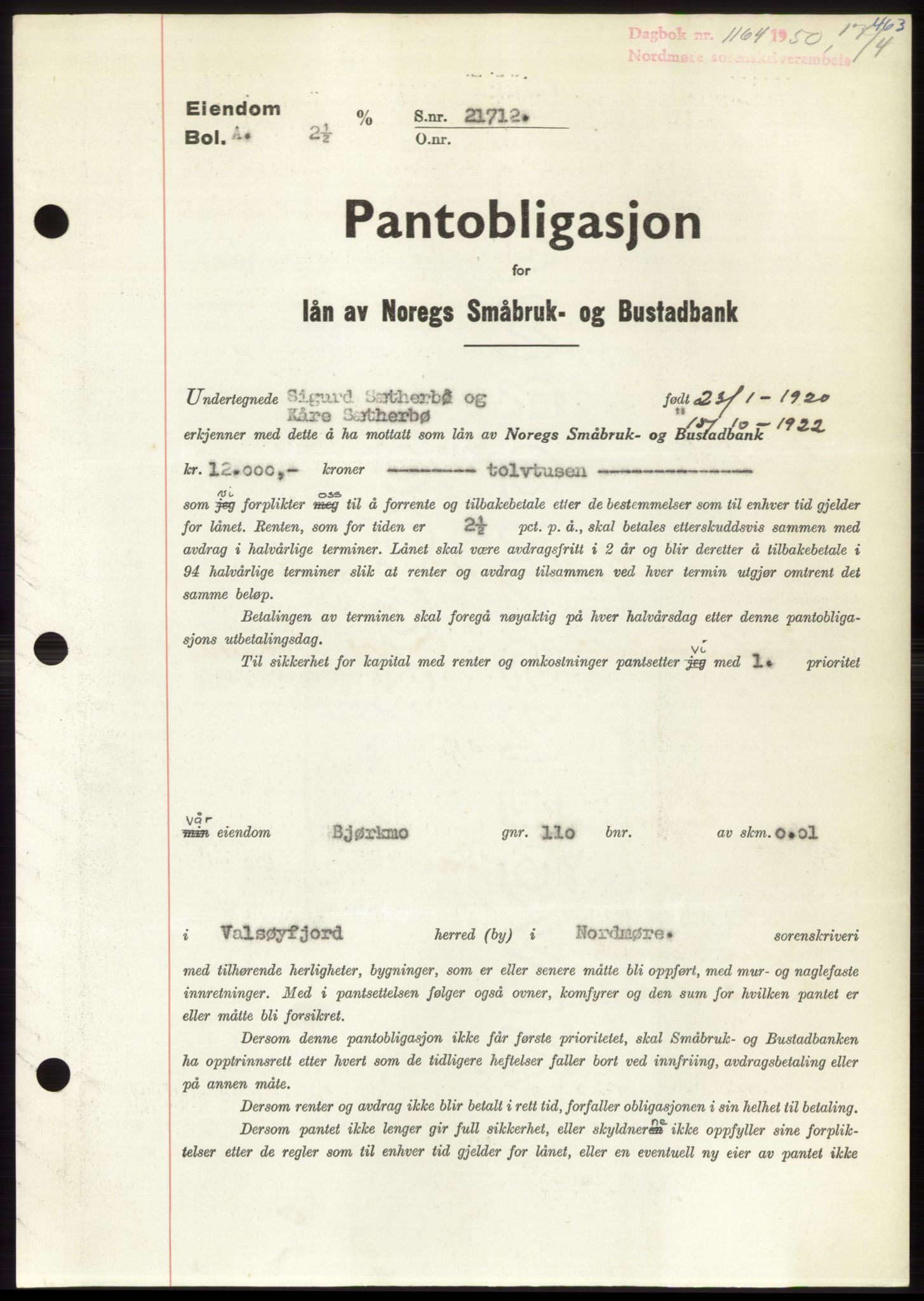Nordmøre sorenskriveri, SAT/A-4132/1/2/2Ca: Pantebok nr. B104, 1950-1950, Dagboknr: 1164/1950