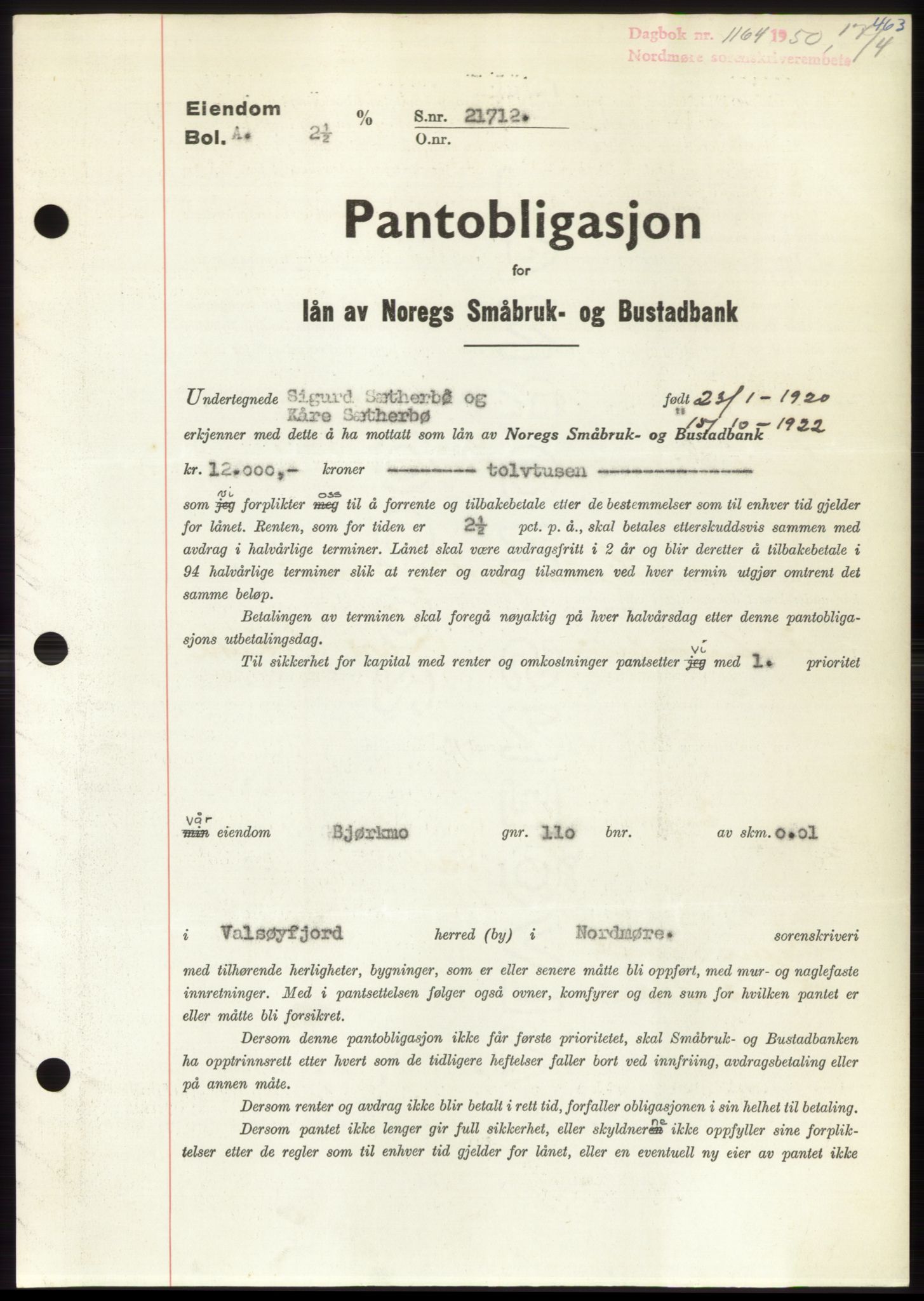 Nordmøre sorenskriveri, AV/SAT-A-4132/1/2/2Ca: Pantebok nr. B104, 1950-1950, Dagboknr: 1164/1950