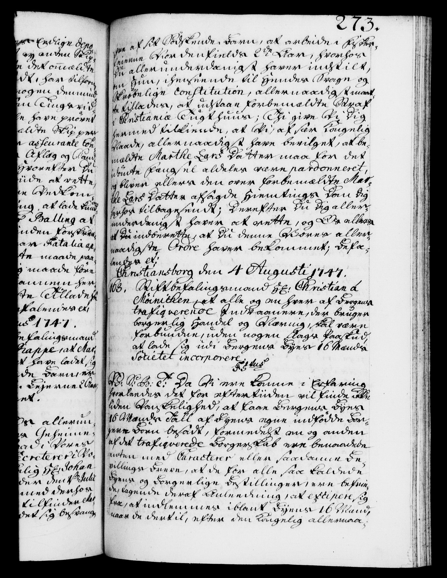 Danske Kanselli 1572-1799, AV/RA-EA-3023/F/Fc/Fca/Fcab/L0031: Norske tegnelser, 1746-1748, s. 273a