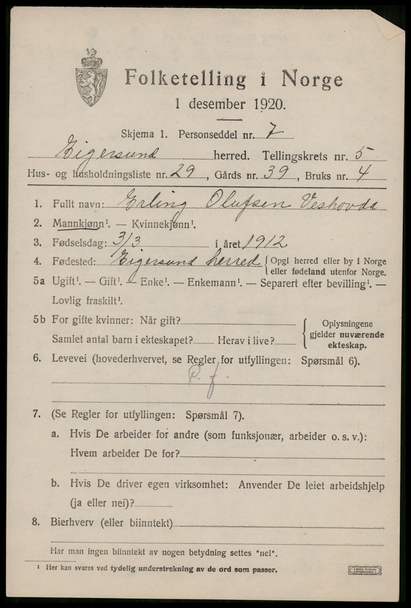 SAST, Folketelling 1920 for 1116 Eigersund herred, 1920, s. 3867
