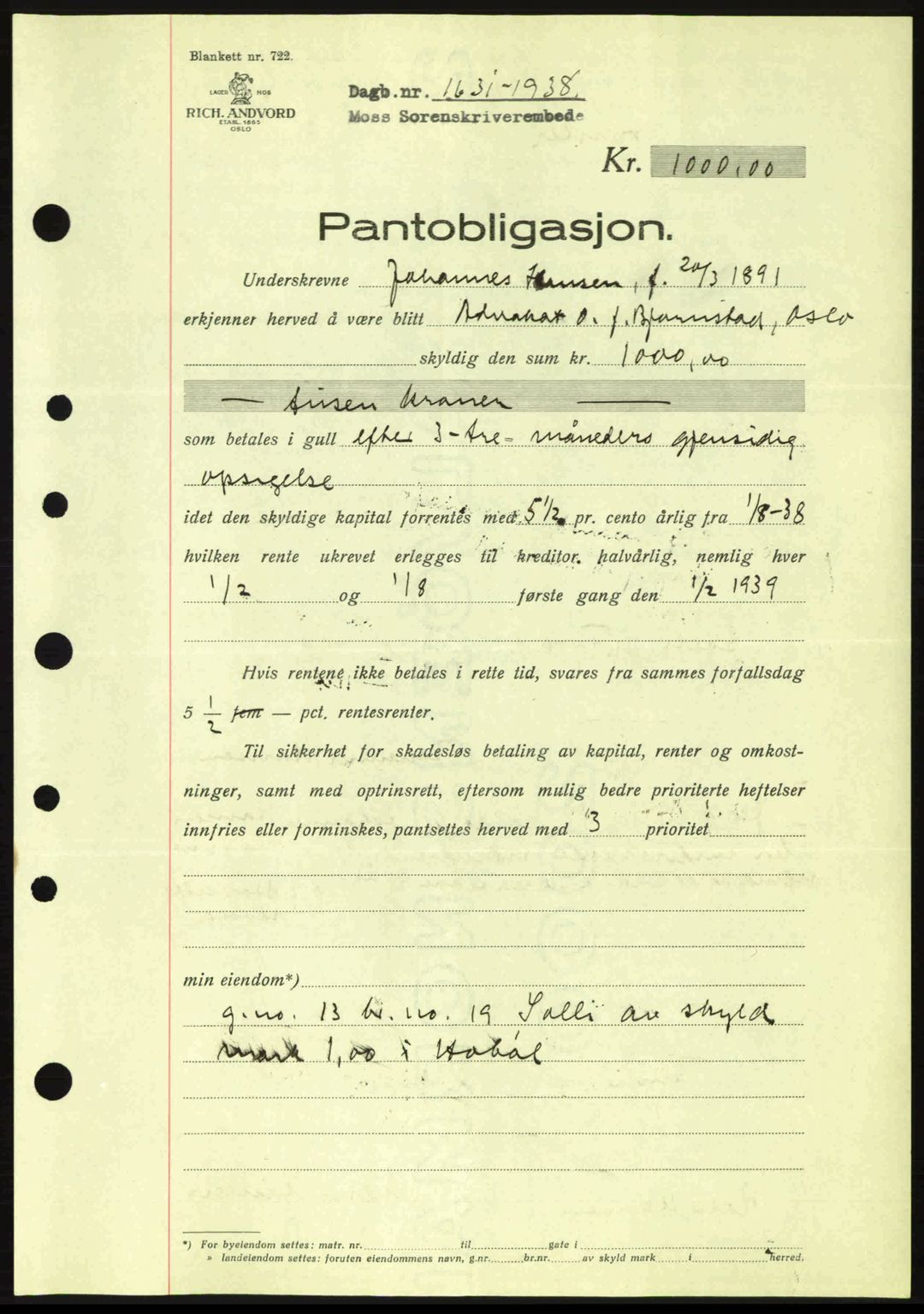 Moss sorenskriveri, SAO/A-10168: Pantebok nr. B6, 1938-1938, Dagboknr: 1631/1938