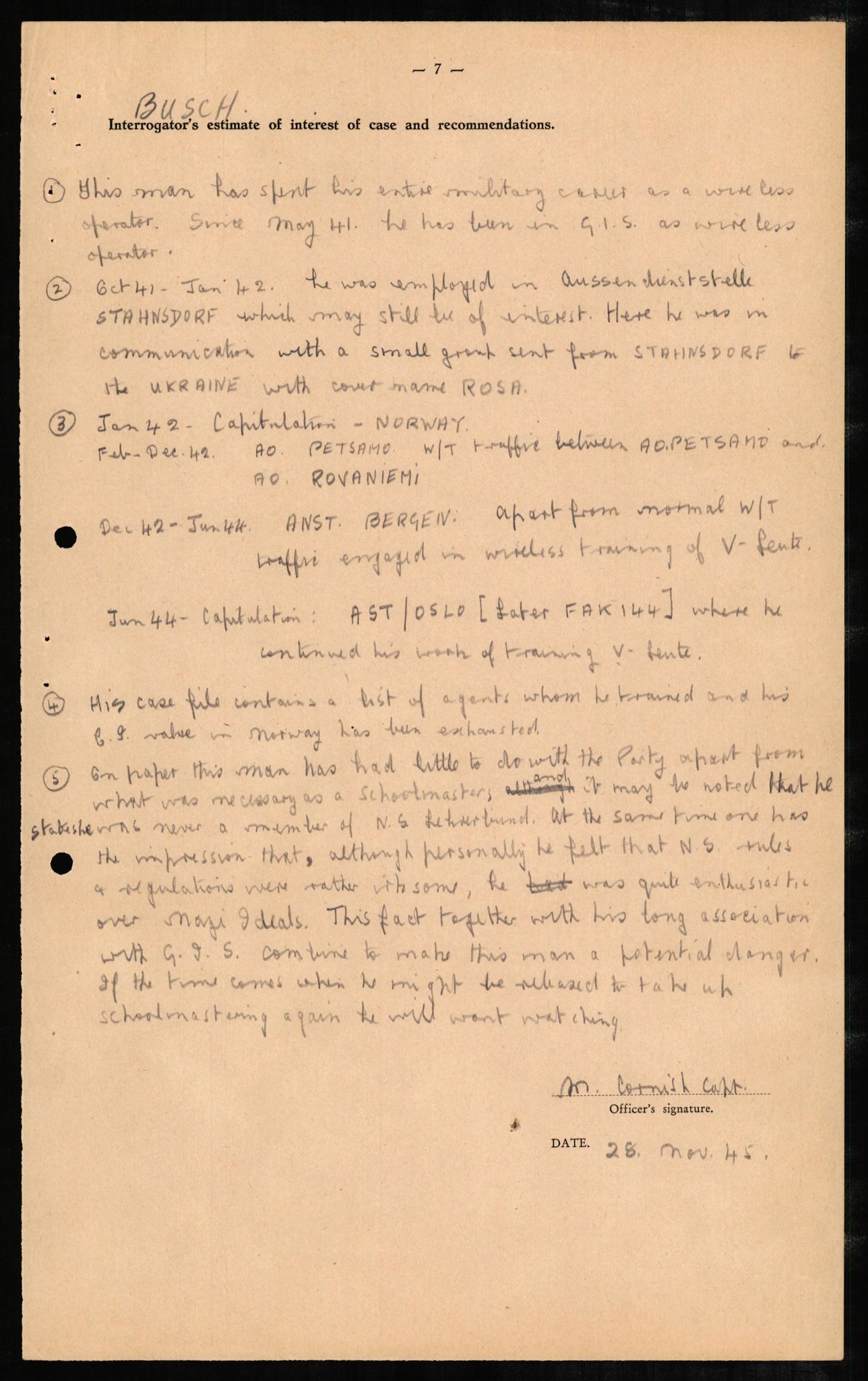 Forsvaret, Forsvarets overkommando II, AV/RA-RAFA-3915/D/Db/L0005: CI Questionaires. Tyske okkupasjonsstyrker i Norge. Tyskere., 1945-1946, s. 11