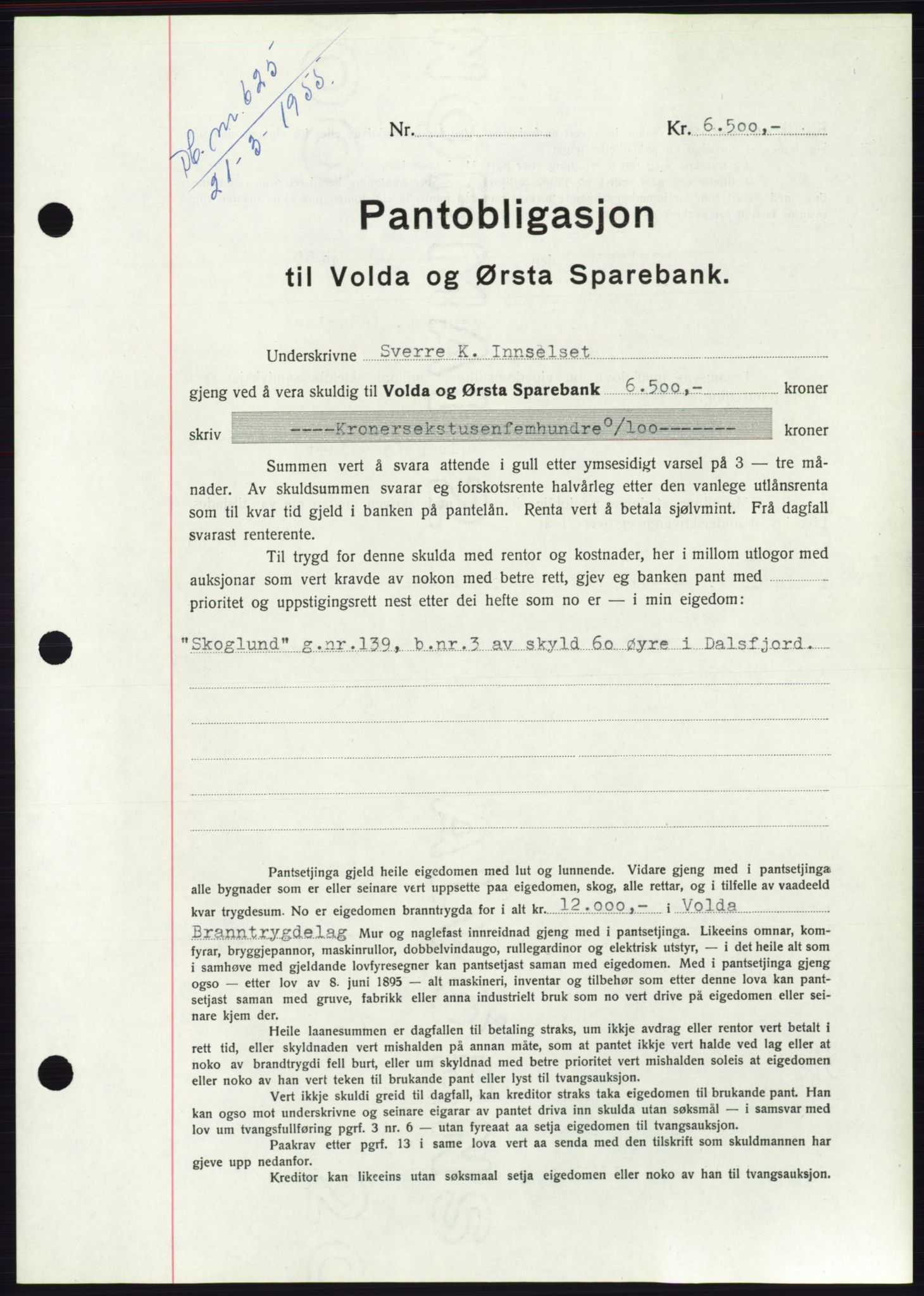 Søre Sunnmøre sorenskriveri, AV/SAT-A-4122/1/2/2C/L0126: Pantebok nr. 14B, 1954-1955, Dagboknr: 625/1955