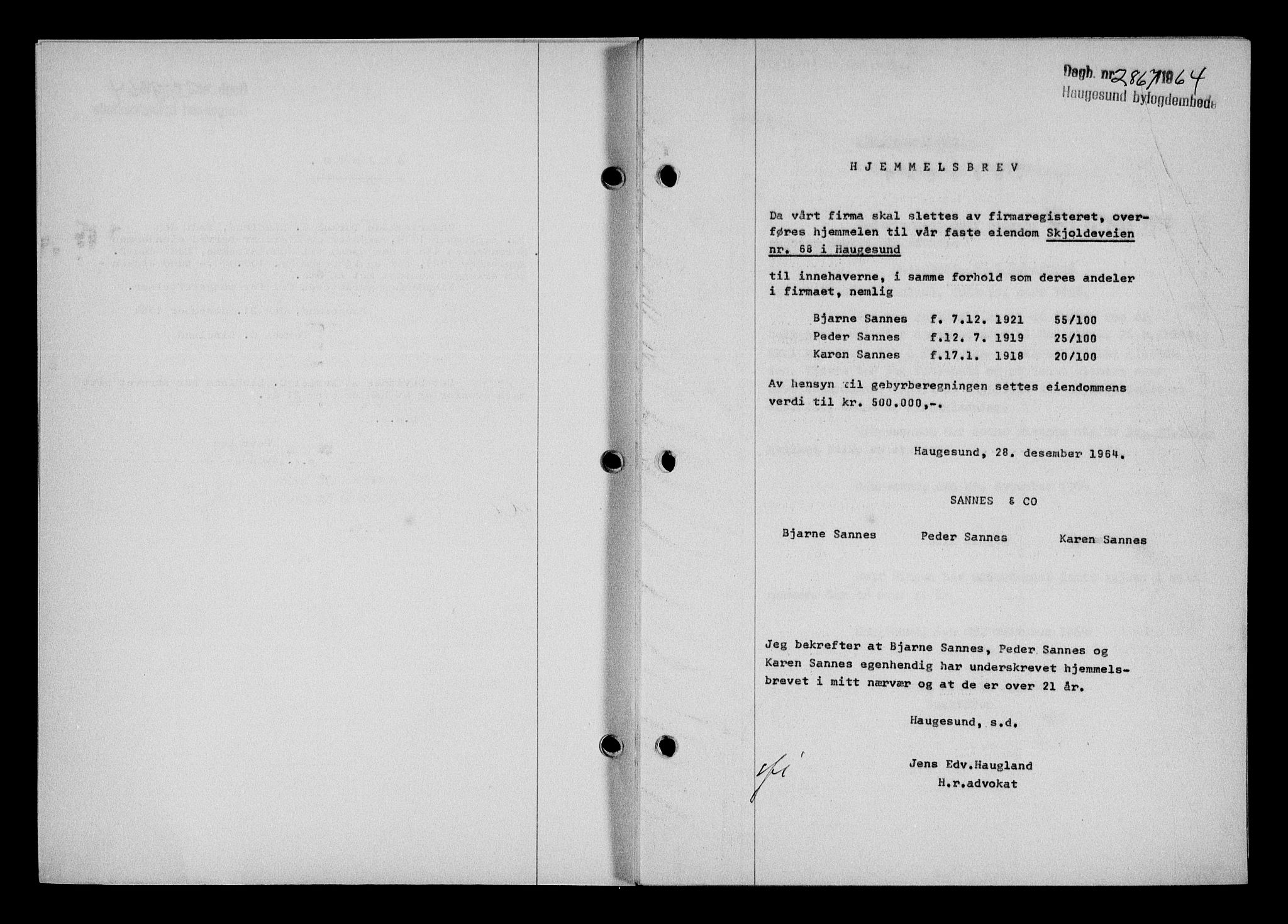 Haugesund tingrett, SAST/A-101415/01/II/IIC/L0075: Pantebok nr. A 16, 1964-1965, Dagboknr: 2867/1964