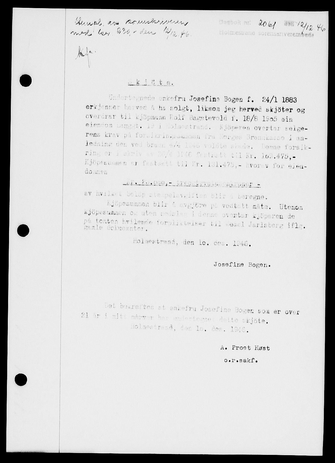 Holmestrand sorenskriveri, SAKO/A-67/G/Ga/Gaa/L0061: Pantebok nr. A-61, 1946-1947, Dagboknr: 2061/1946