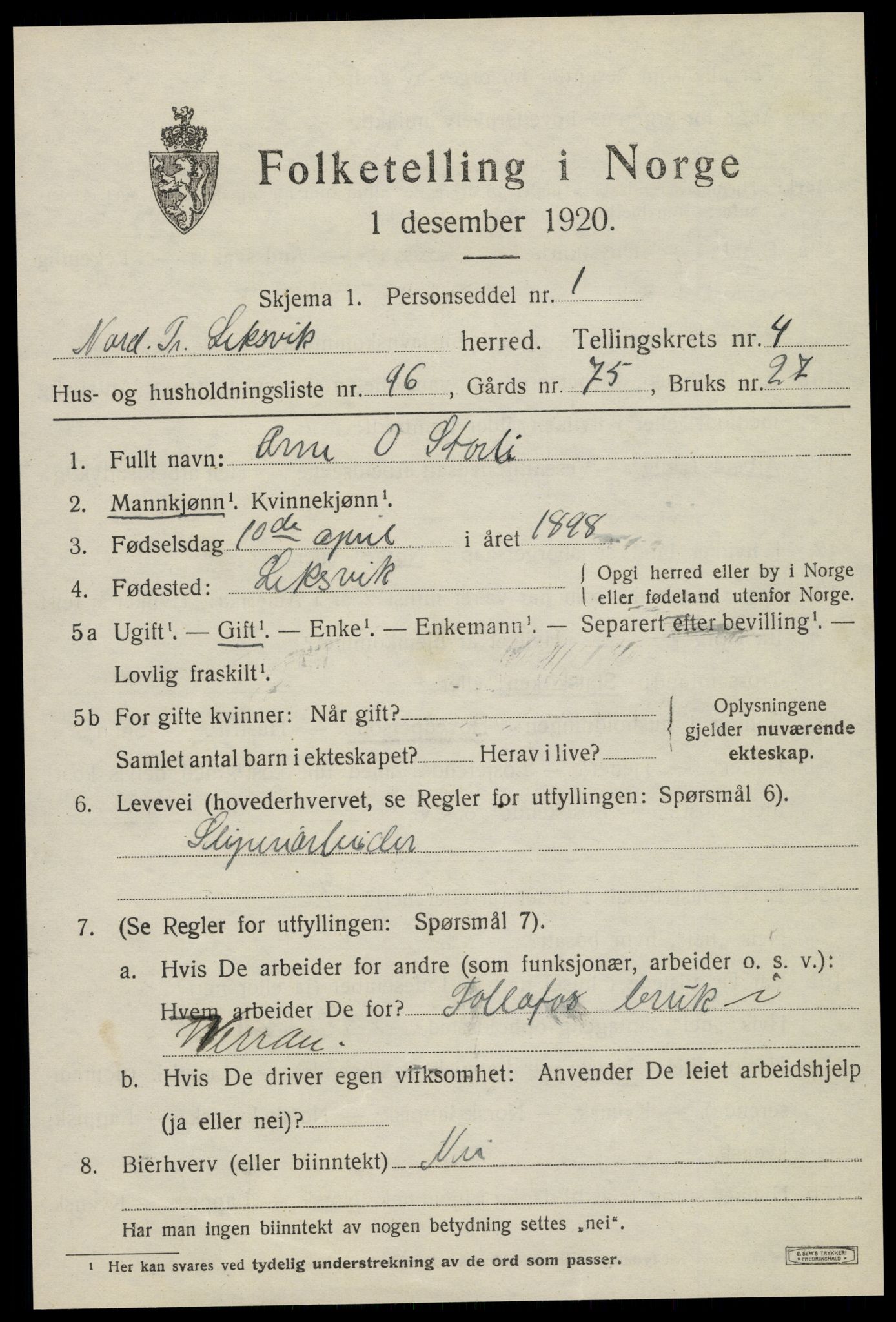 SAT, Folketelling 1920 for 1718 Leksvik herred, 1920, s. 4672