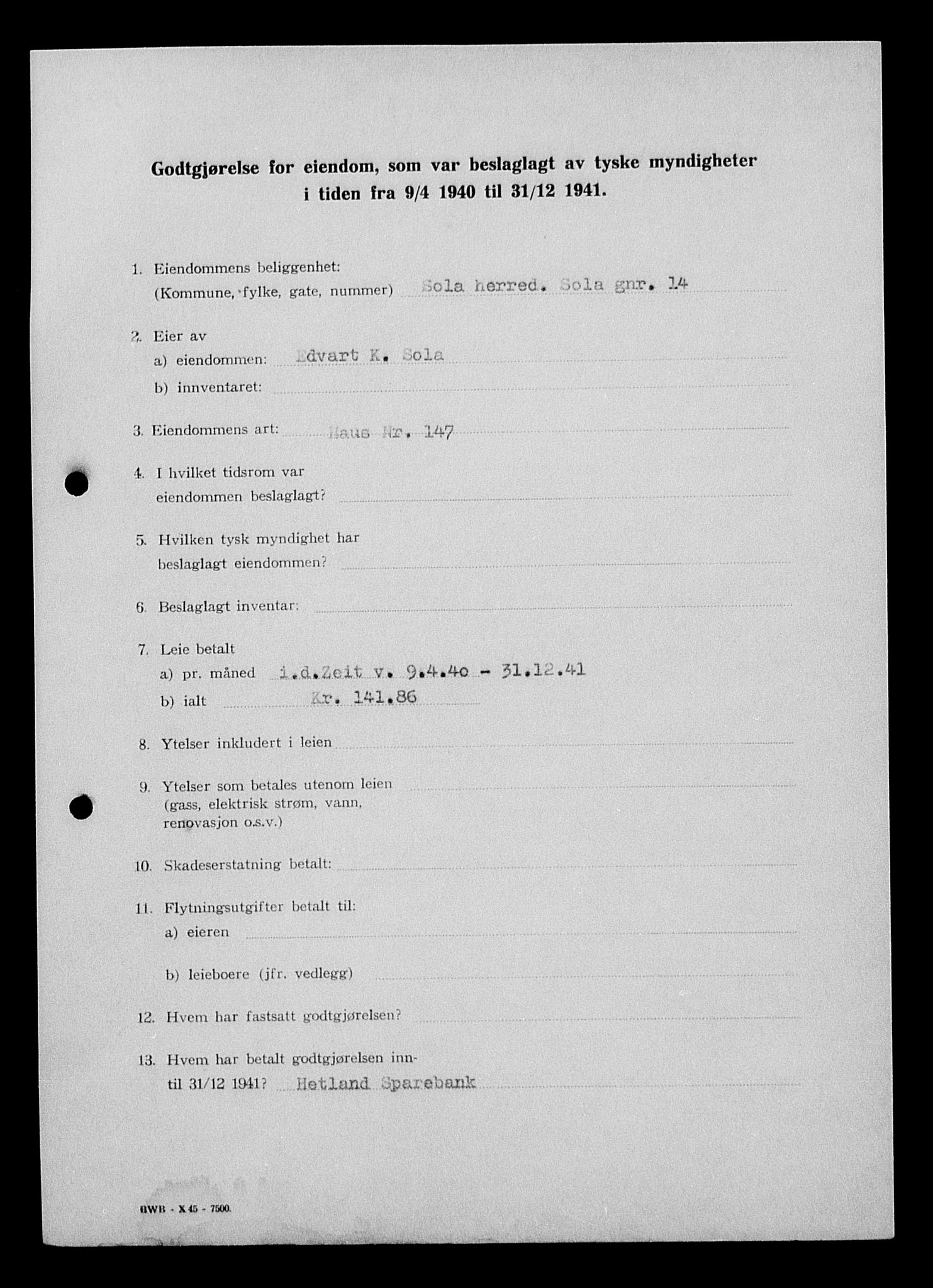 Justisdepartementet, Tilbakeføringskontoret for inndratte formuer, AV/RA-S-1564/I/L1015: Godtgjørelse for beslaglagt eiendom, 1940-1941, s. 209