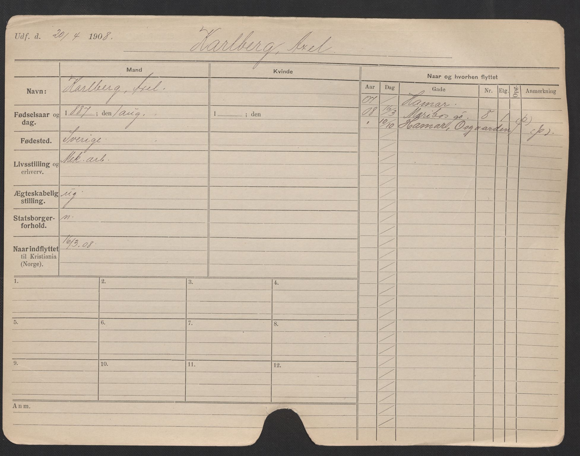 Oslo folkeregister, Registerkort, AV/SAO-A-11715/F/Fa/Fac/L0006: Menn, 1906-1914, s. 27a
