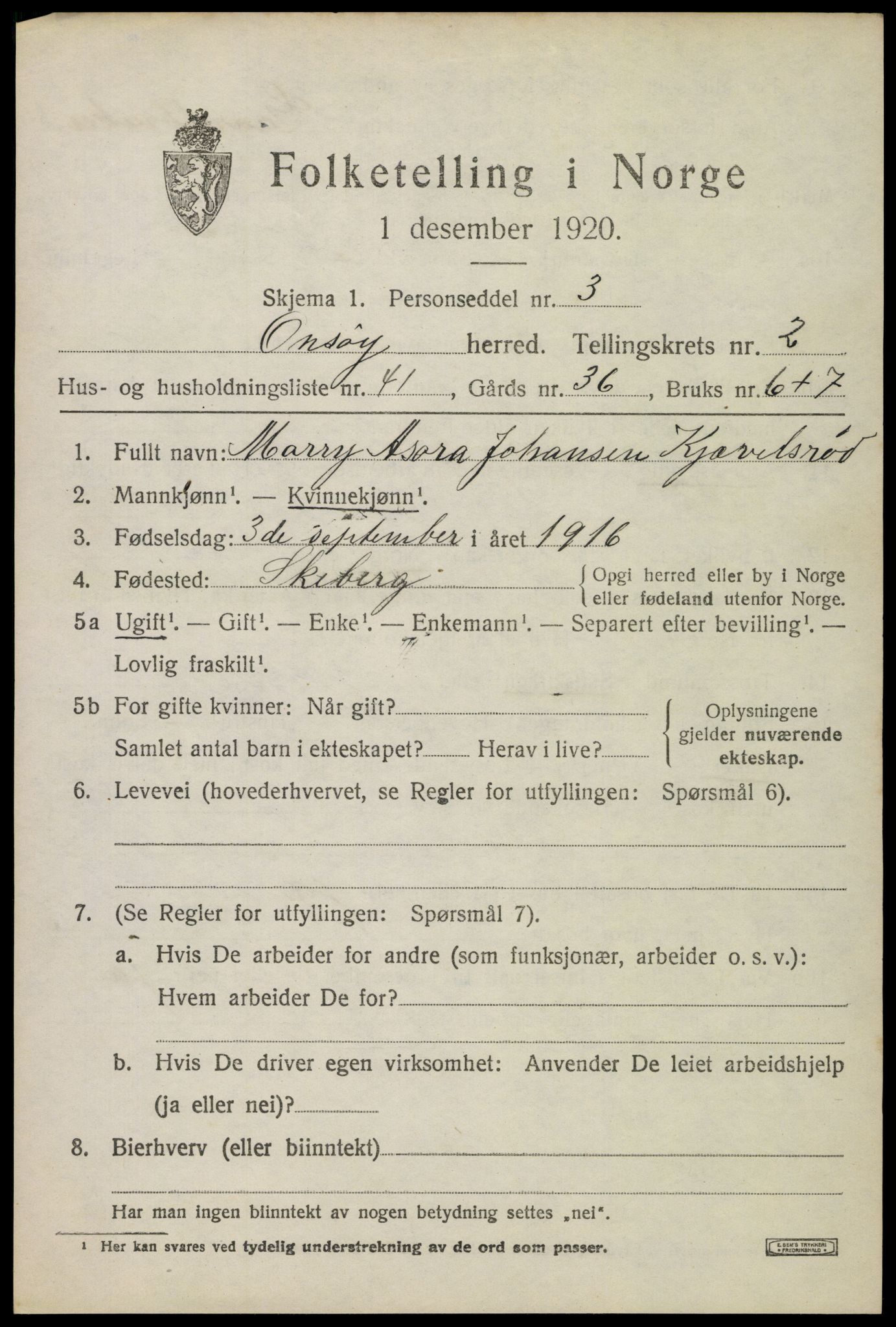 SAO, Folketelling 1920 for 0134 Onsøy herred, 1920, s. 3987