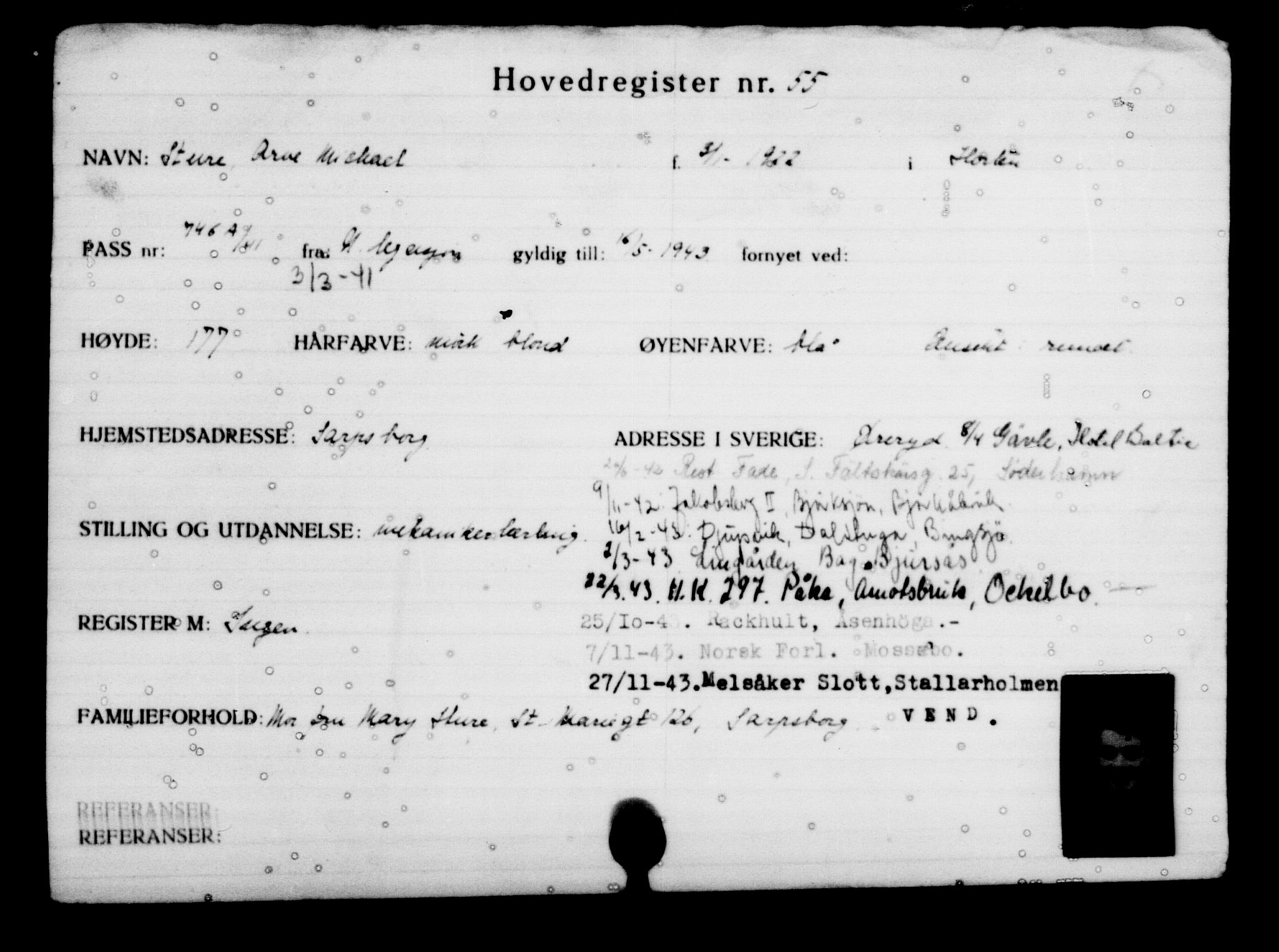 Utenriksstasjonene, Legasjonen i Stockholm, Flyktningkontoret, AV/RA-S-6753/V/Va/L0001: Kjesäterkartoteket, flyktninger med registreringsnr. 1-1000, 1940-1945, s. 94