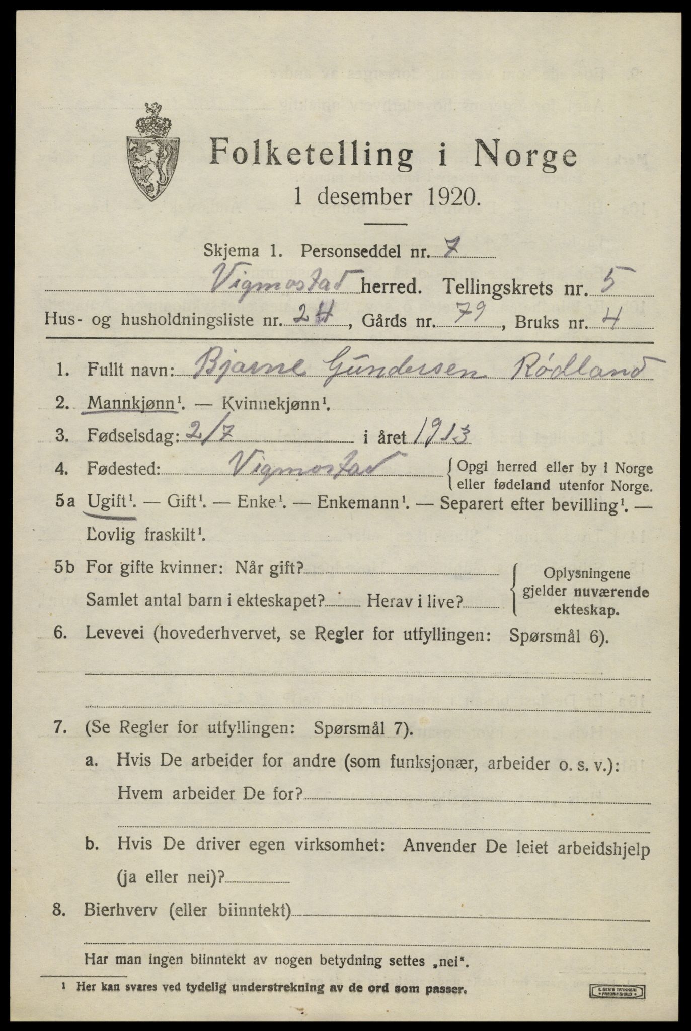 SAK, Folketelling 1920 for 1028 Vigmostad herred, 1920, s. 1911