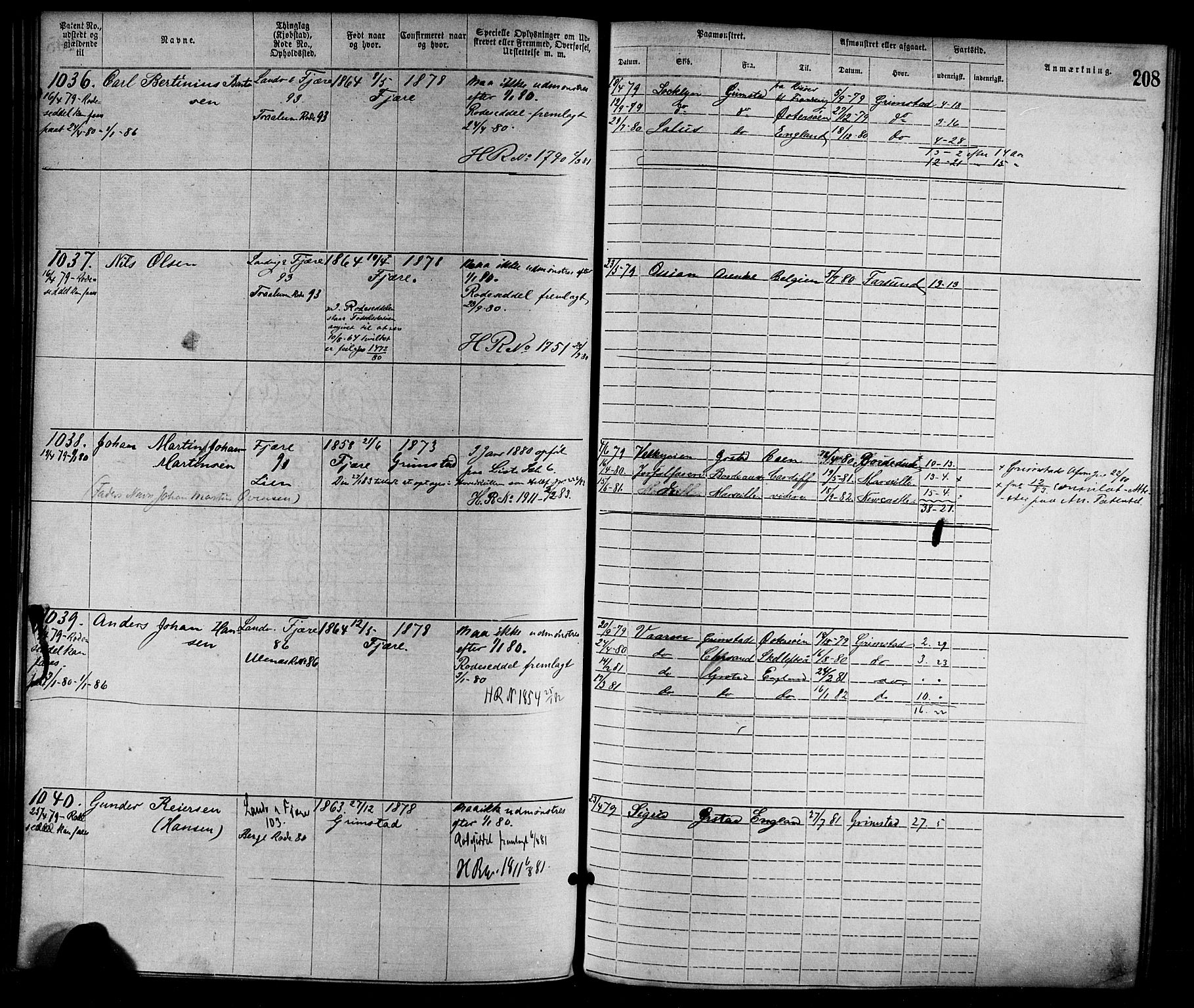 Grimstad mønstringskrets, AV/SAK-2031-0013/F/Fa/L0001: Annotasjonsrulle nr 1-1920 med register, F-1, 1870-1892, s. 237